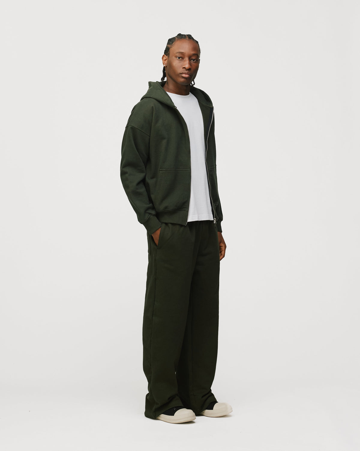 Drop Shoulder Zip Hoodie - Olive