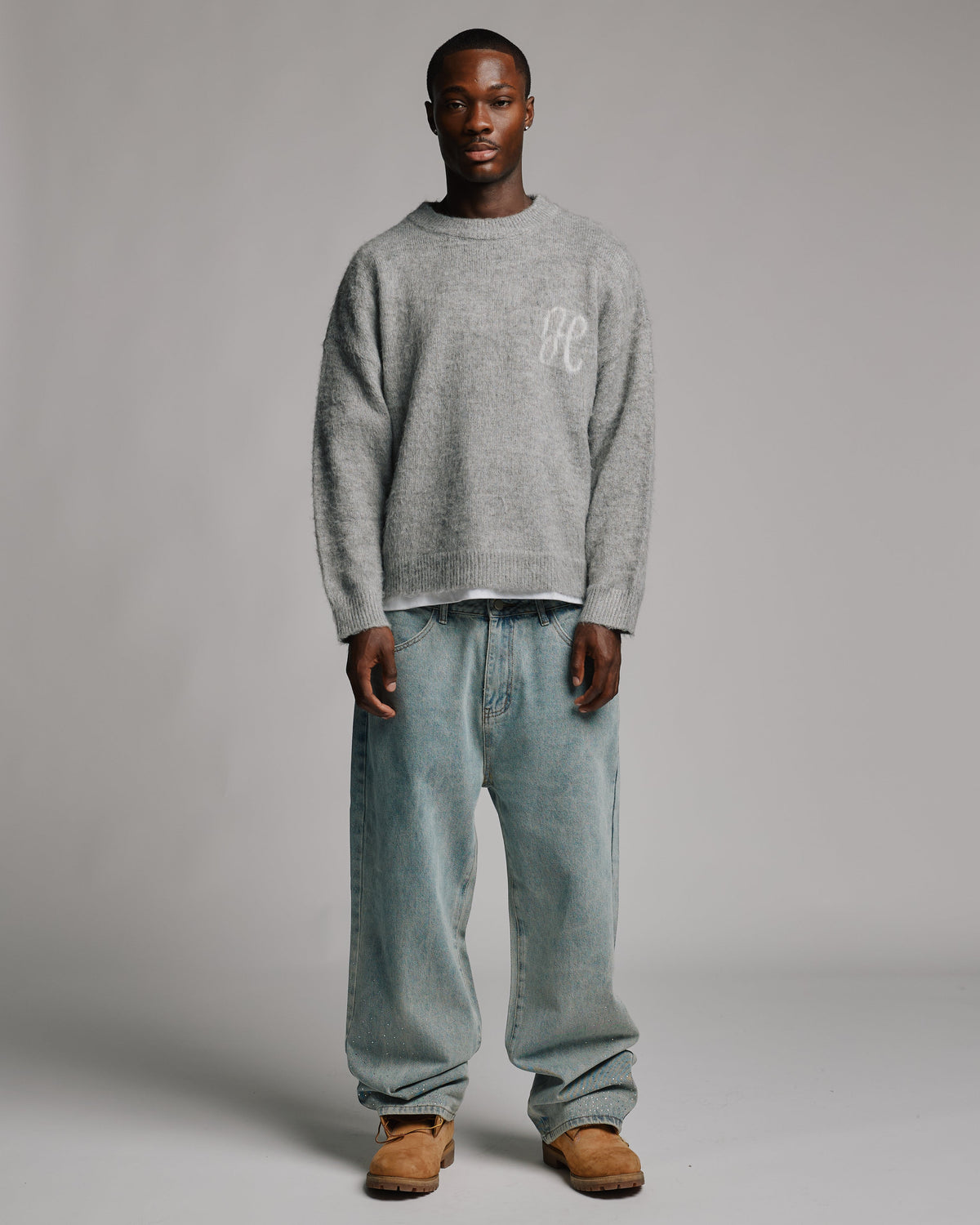 Rhinestone Baggy Denim - Washed Blue