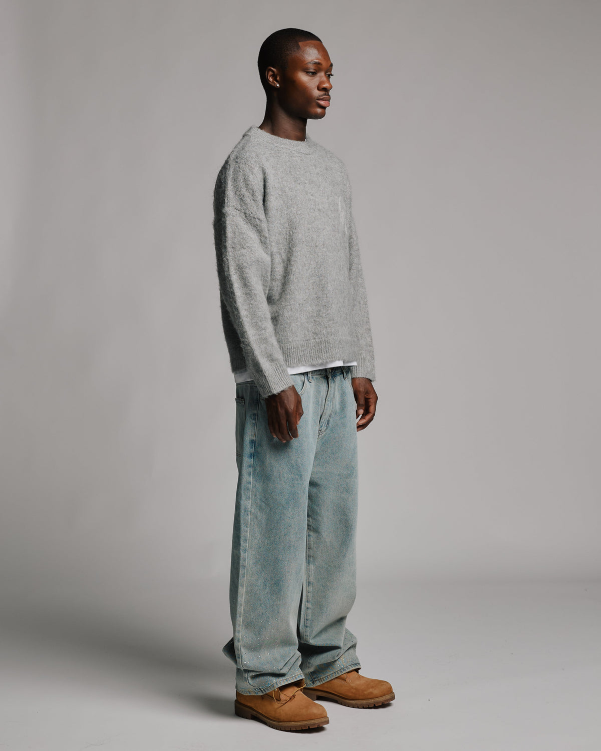 Rhinestone Baggy Denim - Washed Blue