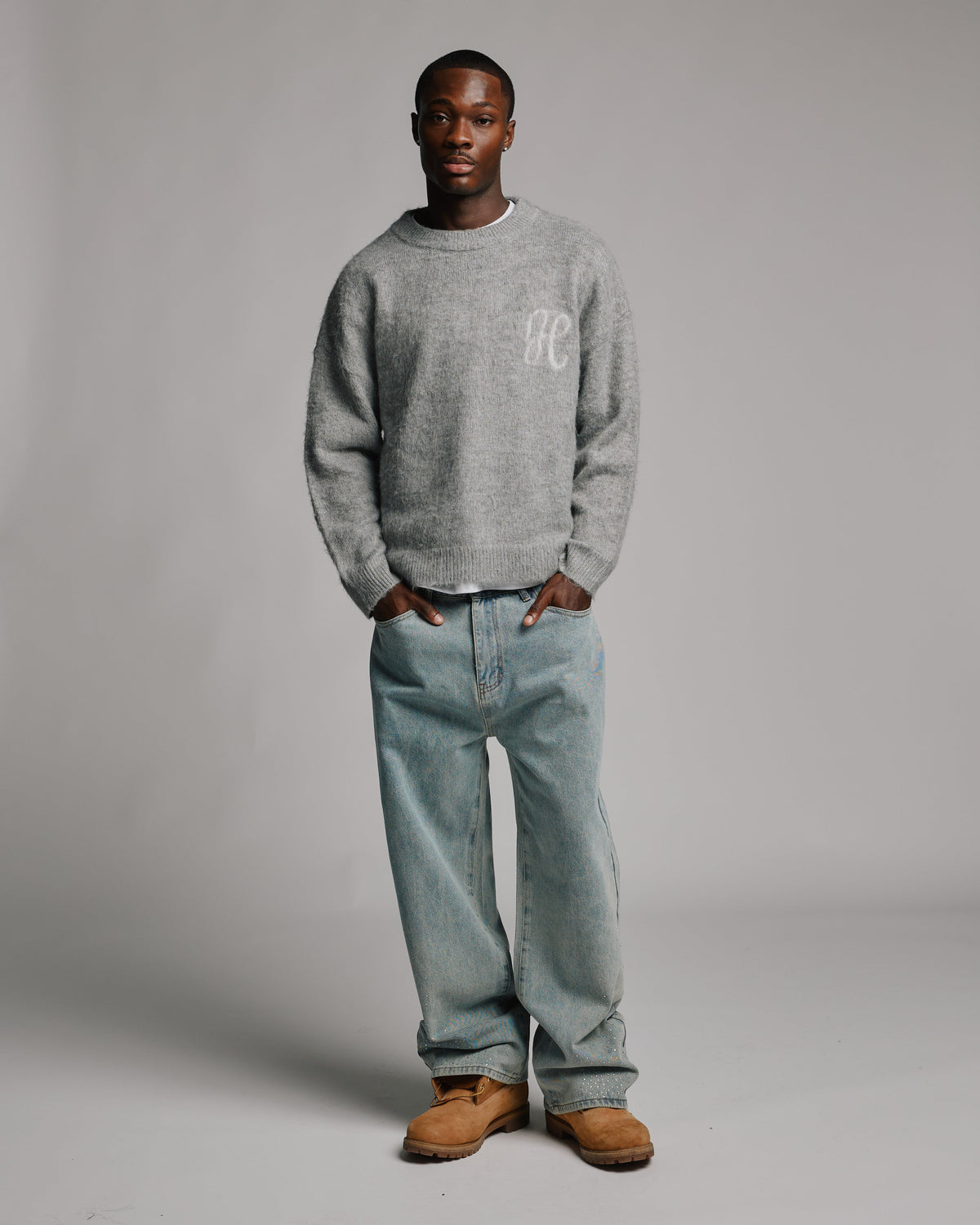 Rhinestone Baggy Denim - Washed Blue
