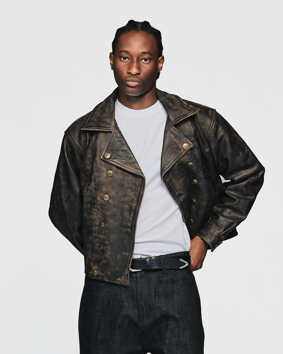 Double Breasted Leather Jacket - Vintage Black