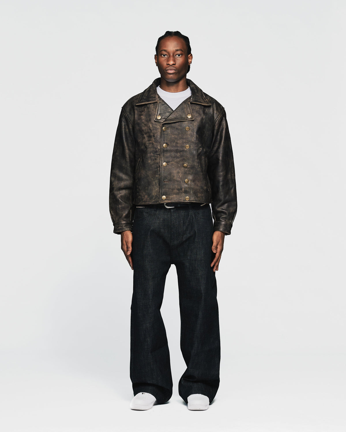 Double Breasted Leather Jacket - Vintage Black
