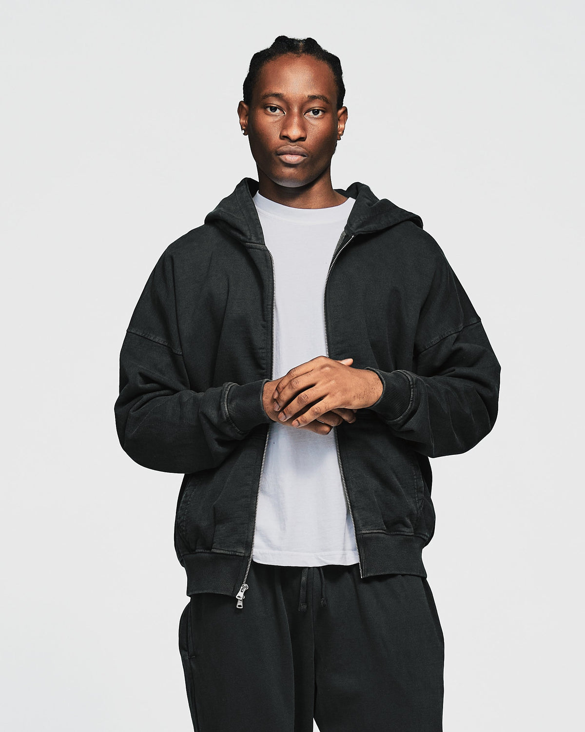 Drop Shoulder Zip Hoodie - Vintage Black