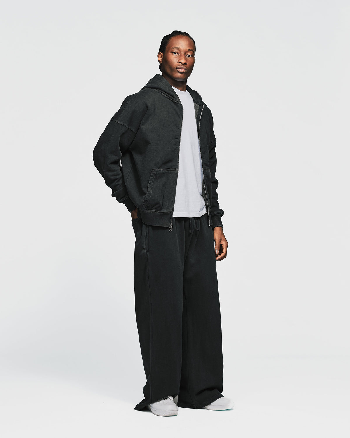 Drop Shoulder Zip Hoodie - Vintage Black