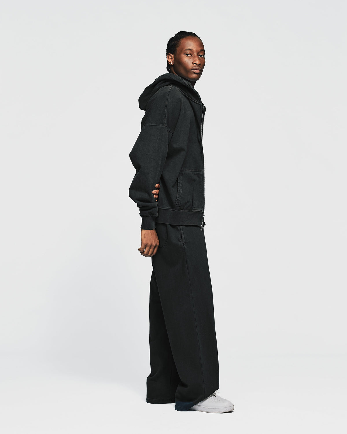 Drop Shoulder Zip Hoodie - Vintage Black