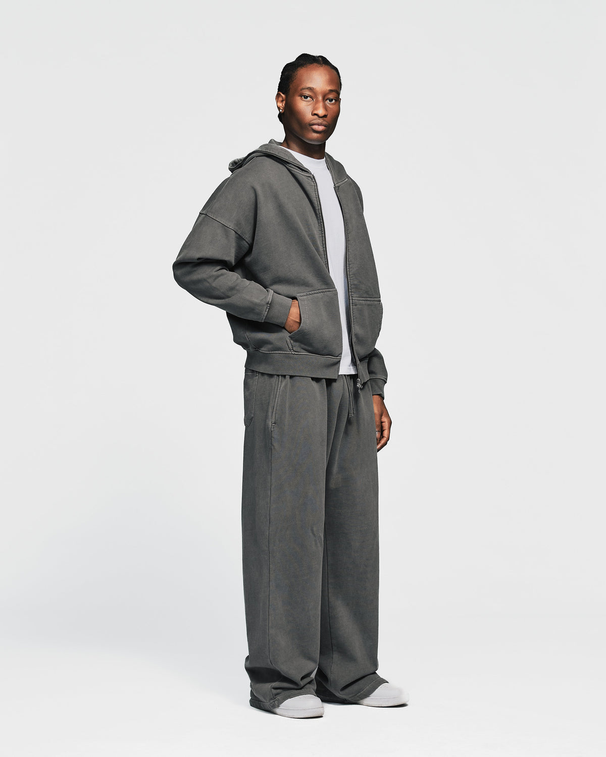 Drop Shoulder Zip Hoodie - Vintage Grey