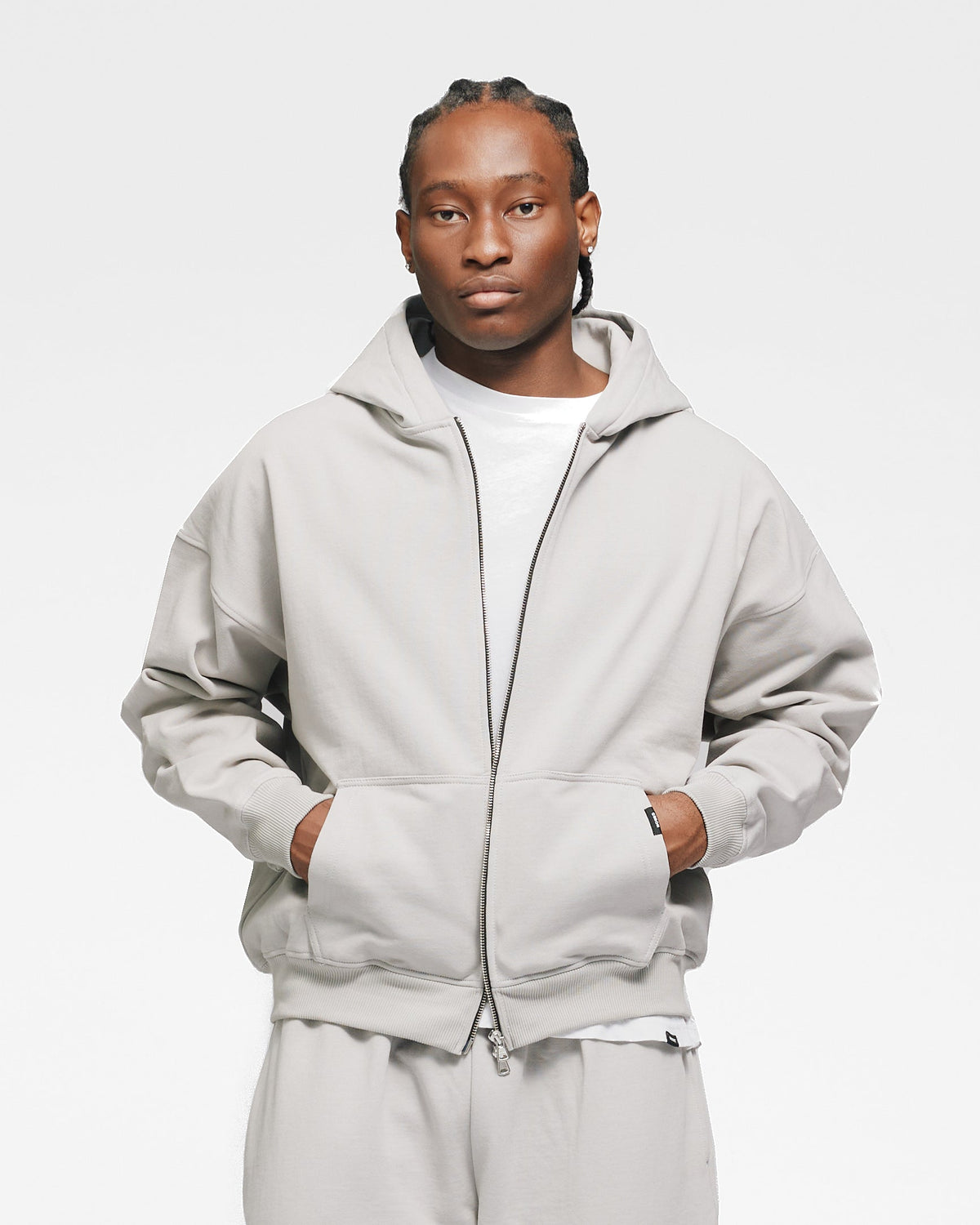 Drop Shoulder Zip Hoodie - Light Grey