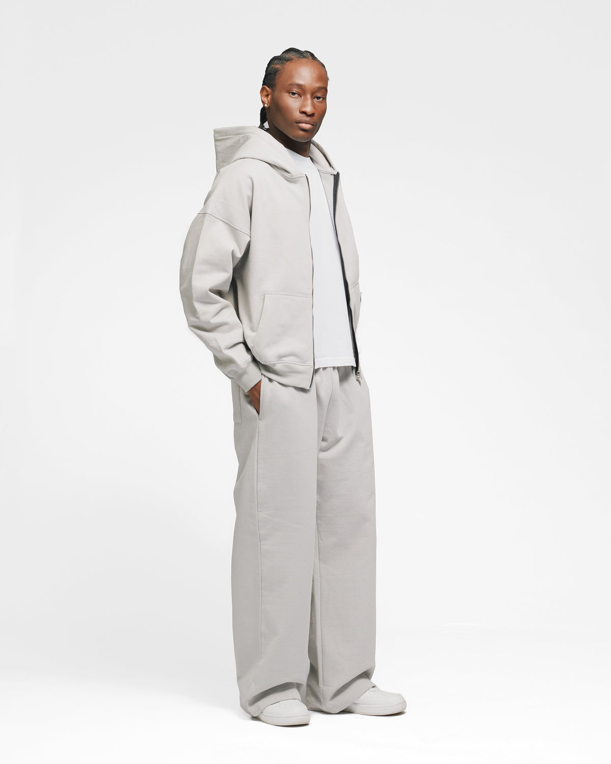 Drop Shoulder Zip Hoodie - Light Grey