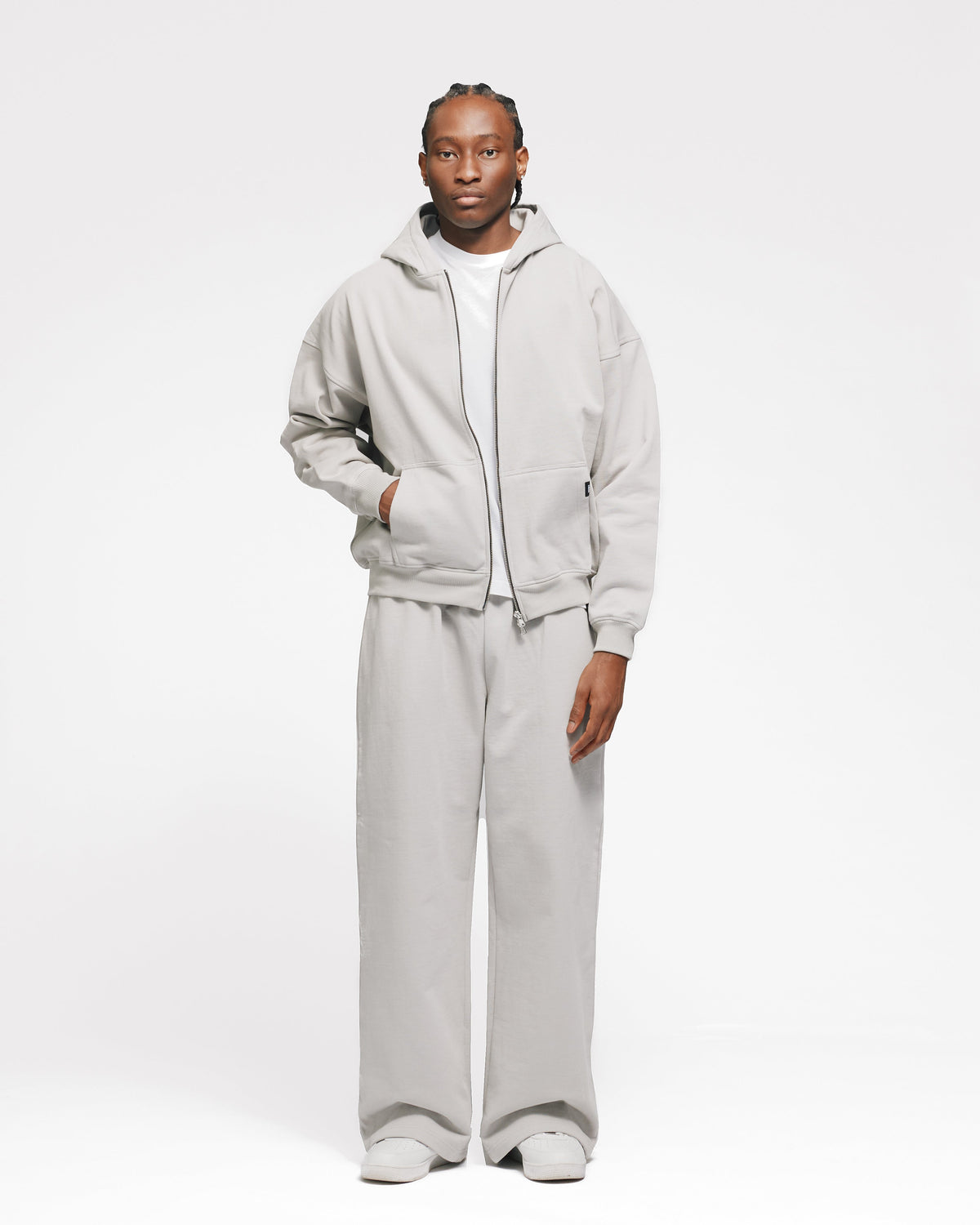 Drop Shoulder Zip Hoodie - Light Grey