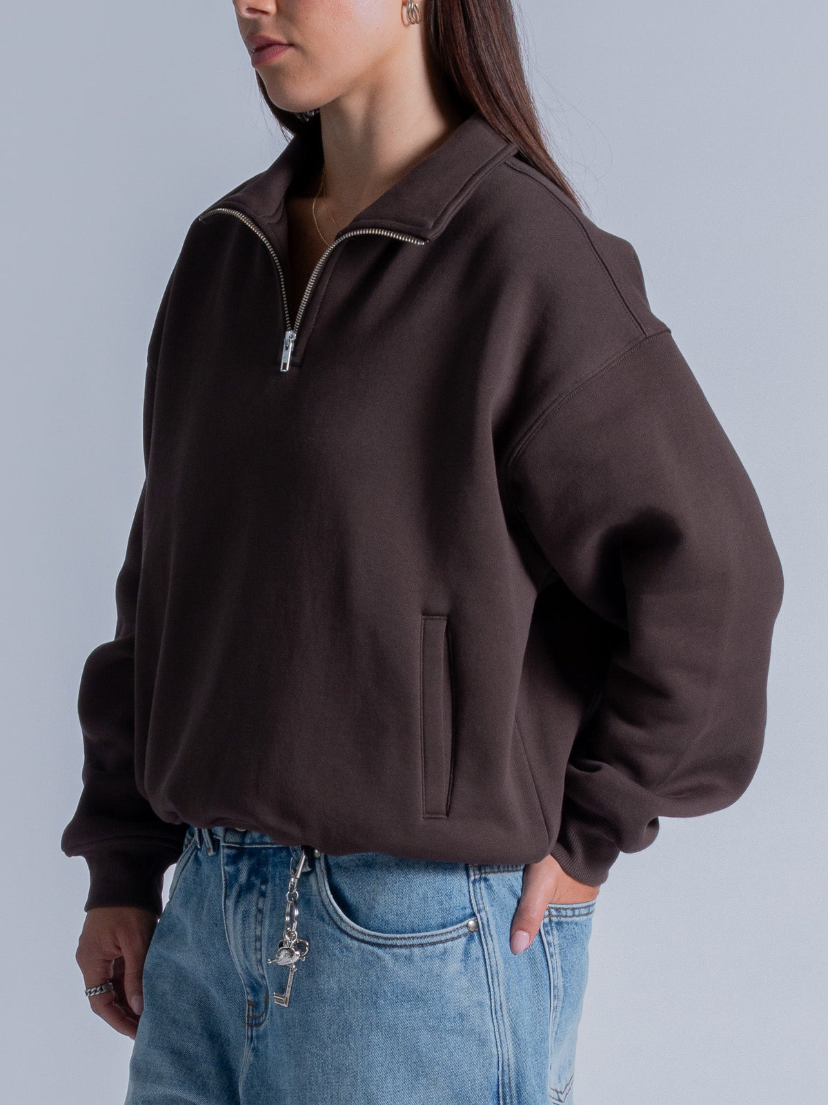 SIGNATURE BASIC QUARTER ZIP - COFFEE BROWN