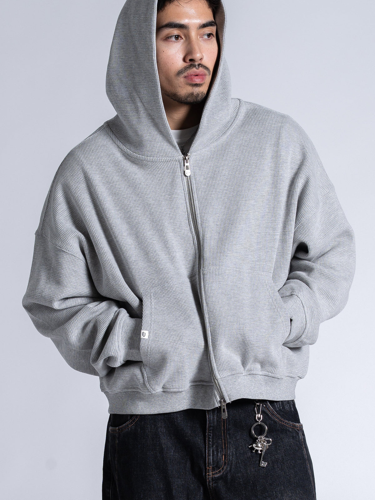 WAFFLE ZIP HOODIE - HEATHER GREY