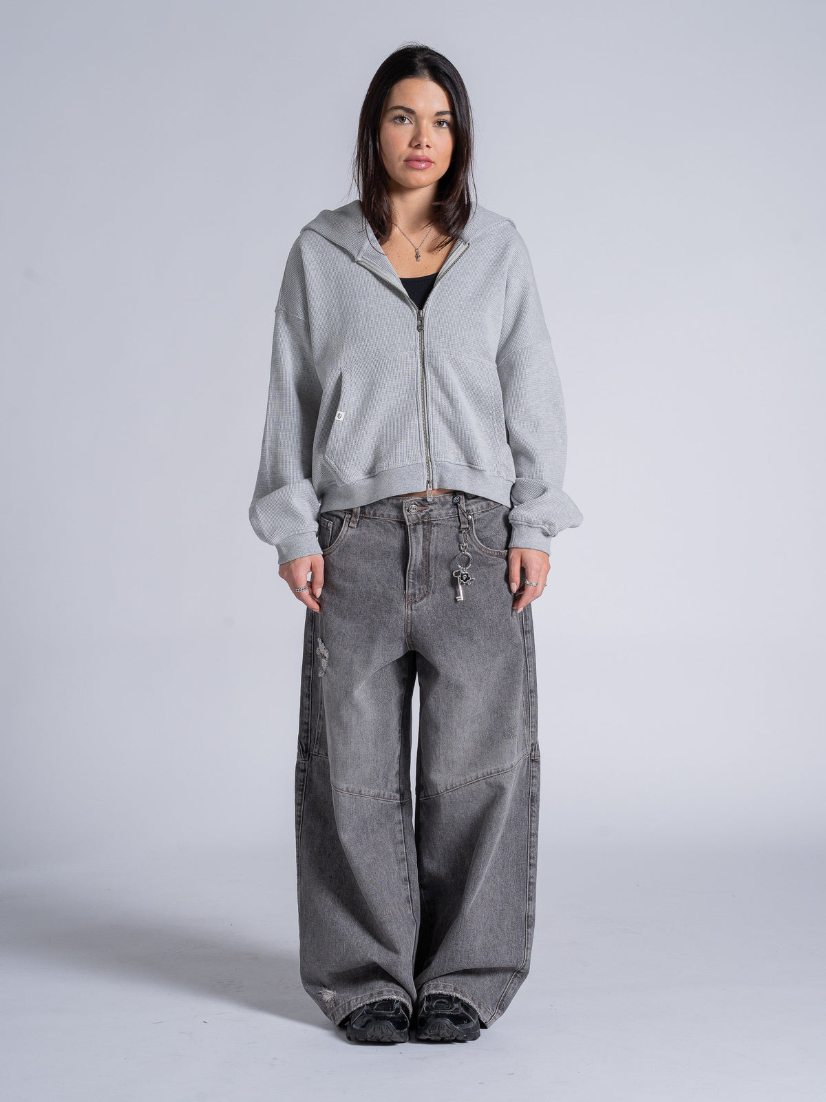 WAFFLE ZIP HOODIE - HEATHER GREY