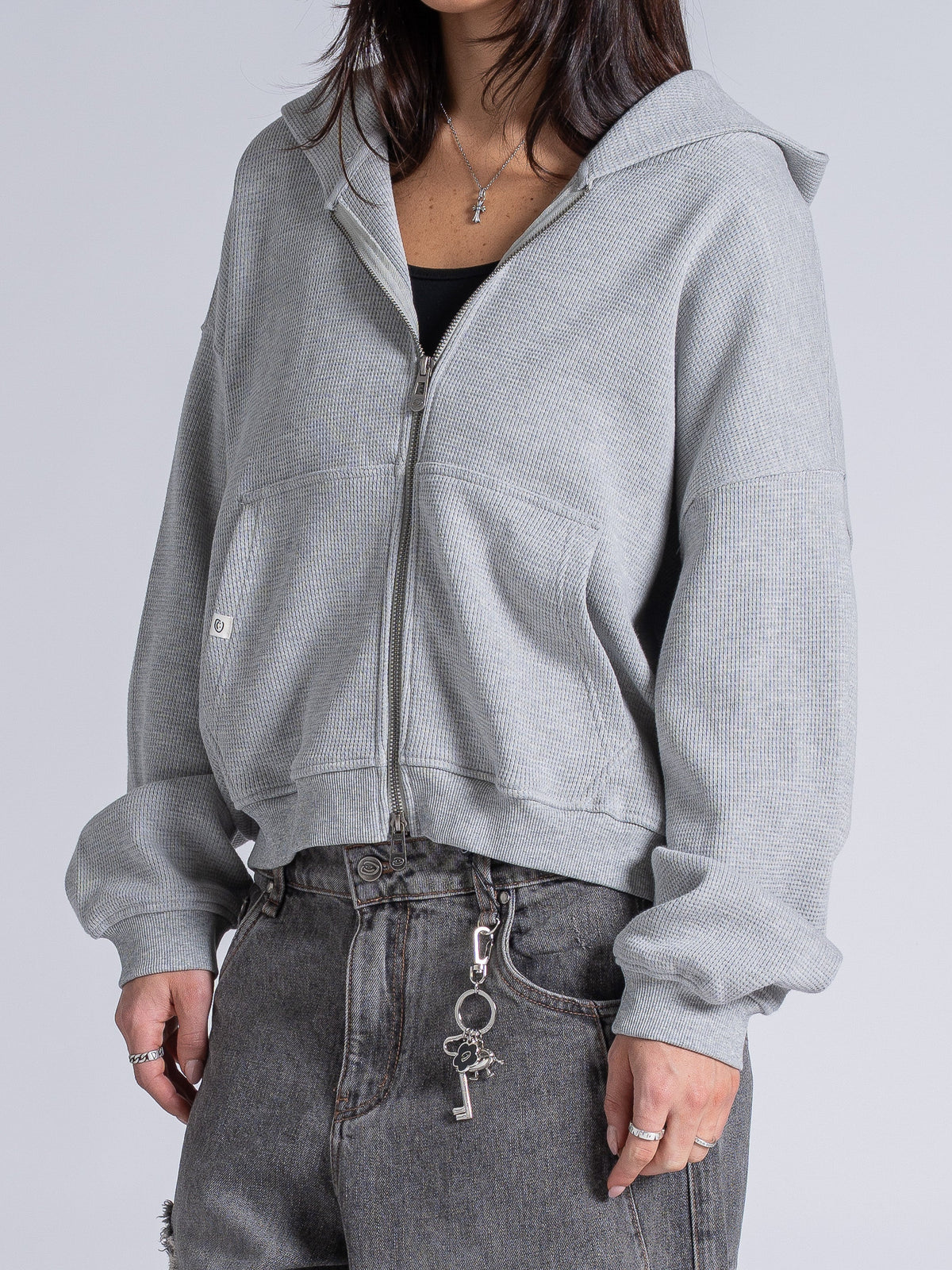 WAFFLE ZIP HOODIE - HEATHER GREY