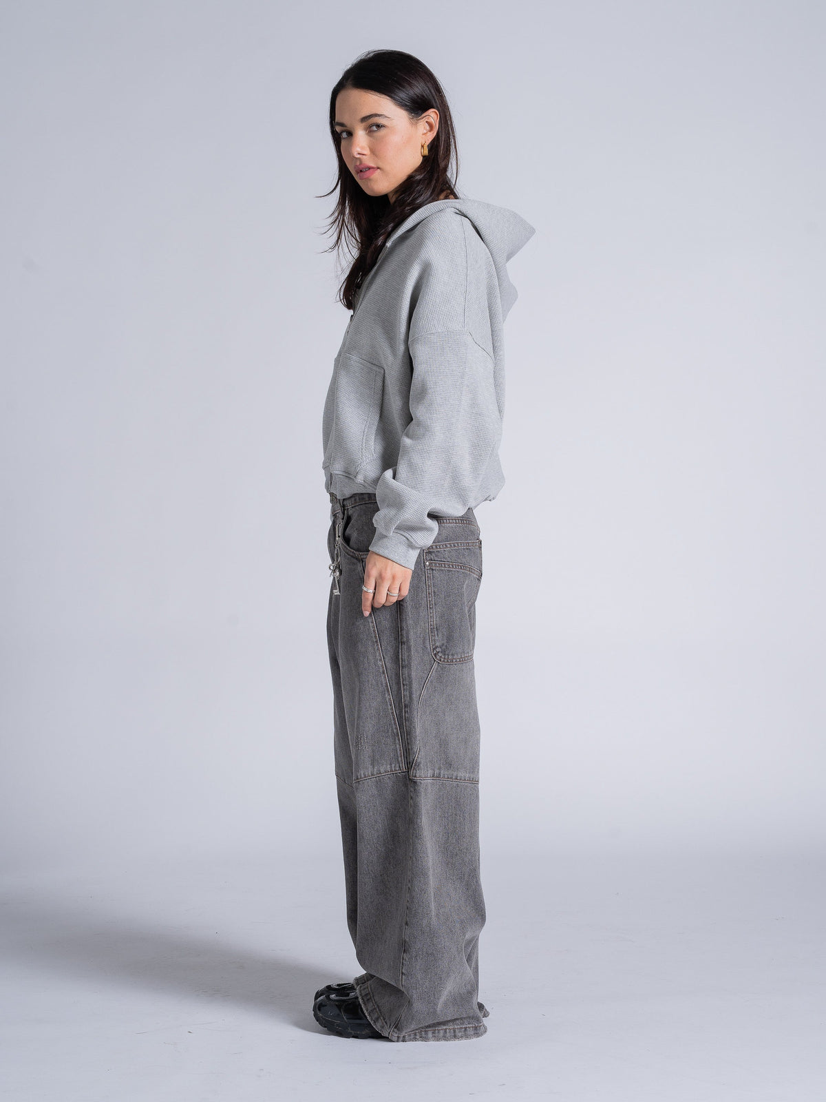 WAFFLE ZIP HOODIE - HEATHER GREY
