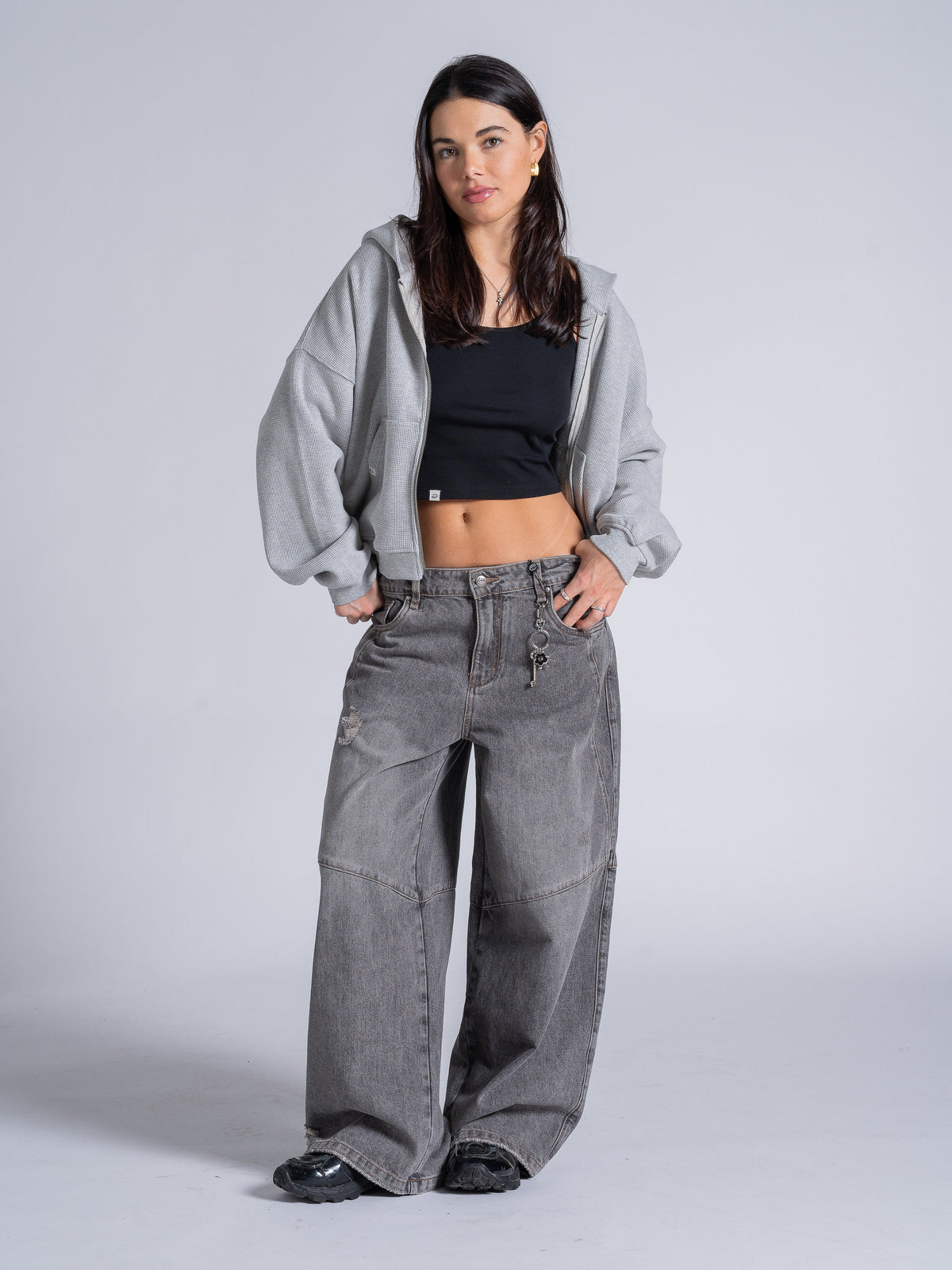 WAFFLE ZIP HOODIE - HEATHER GREY