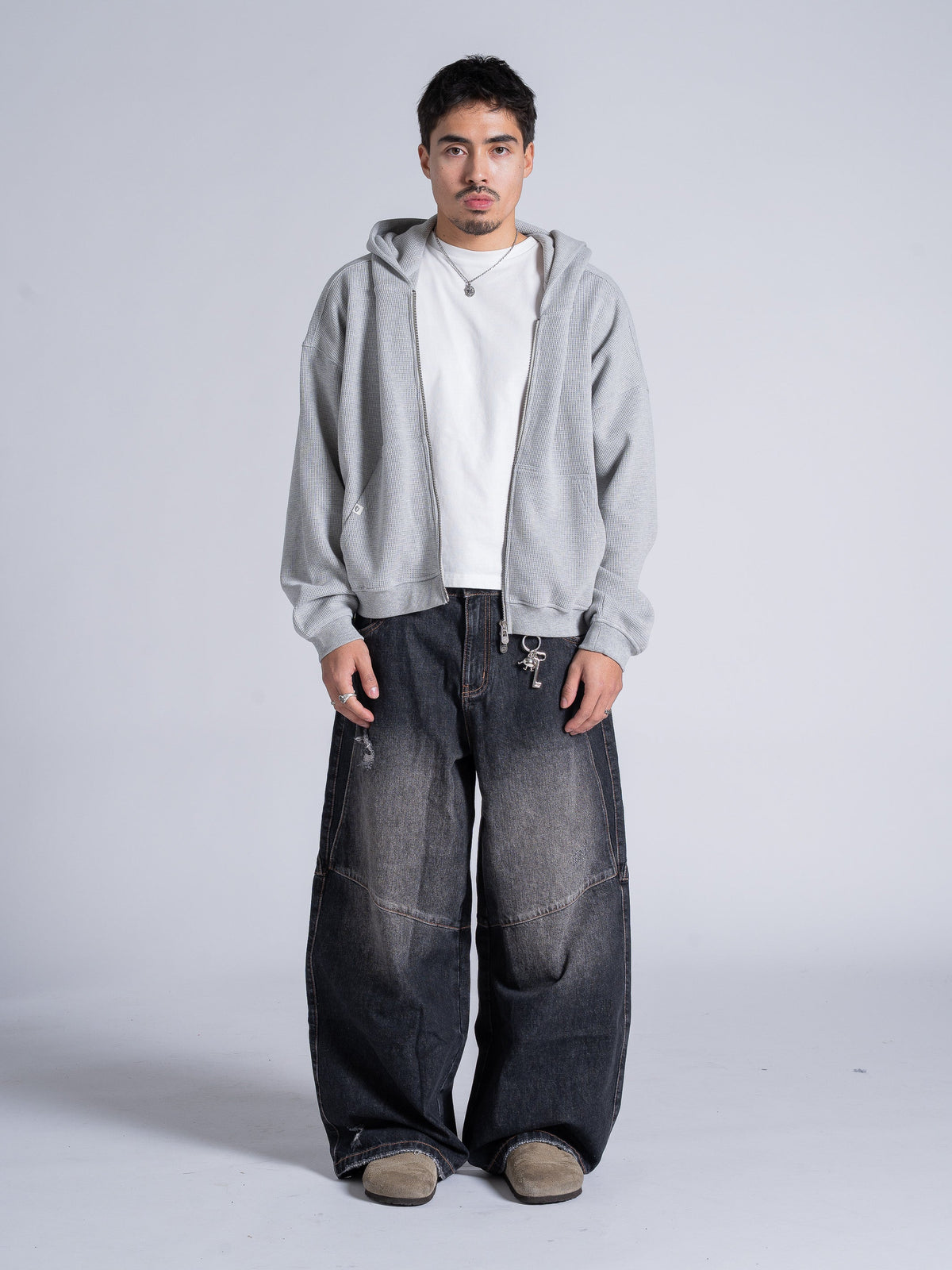 WAFFLE ZIP HOODIE - HEATHER GREY