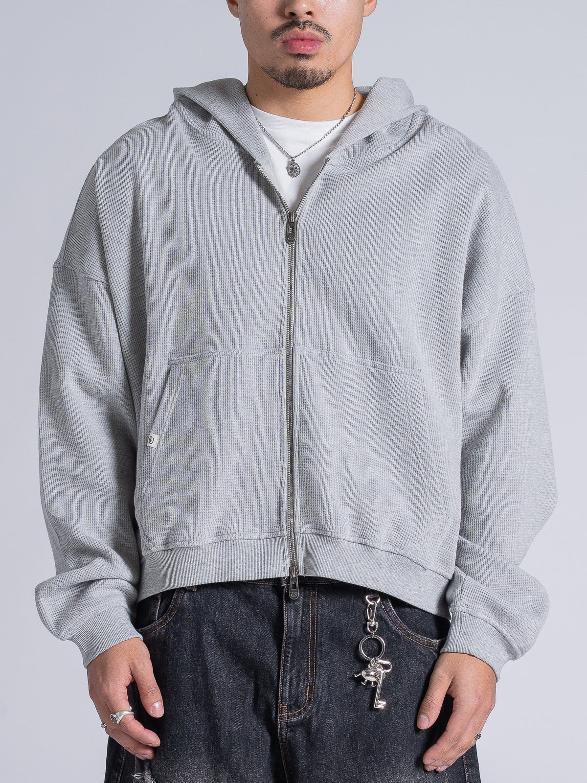 WAFFLE ZIP HOODIE - HEATHER GREY