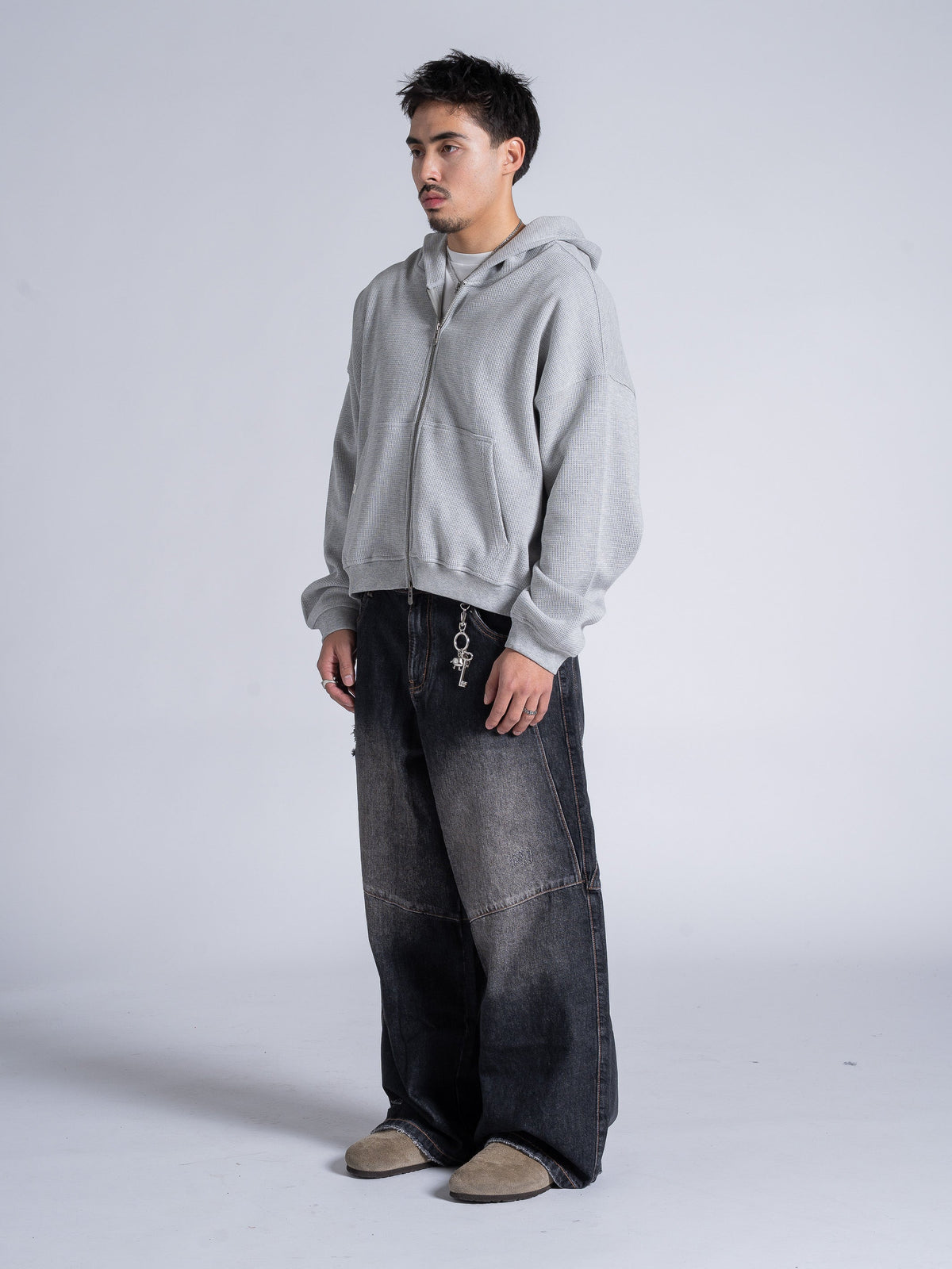 WAFFLE ZIP HOODIE - HEATHER GREY