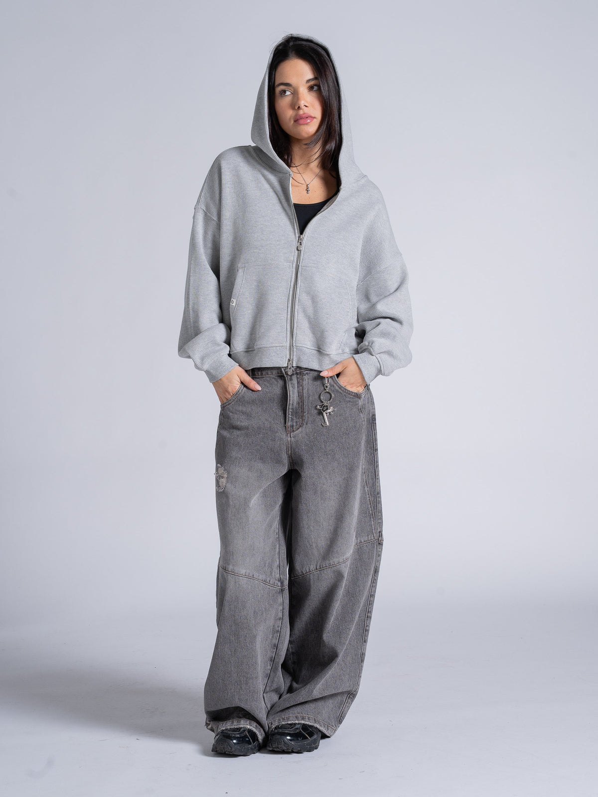 WAFFLE ZIP HOODIE - HEATHER GREY