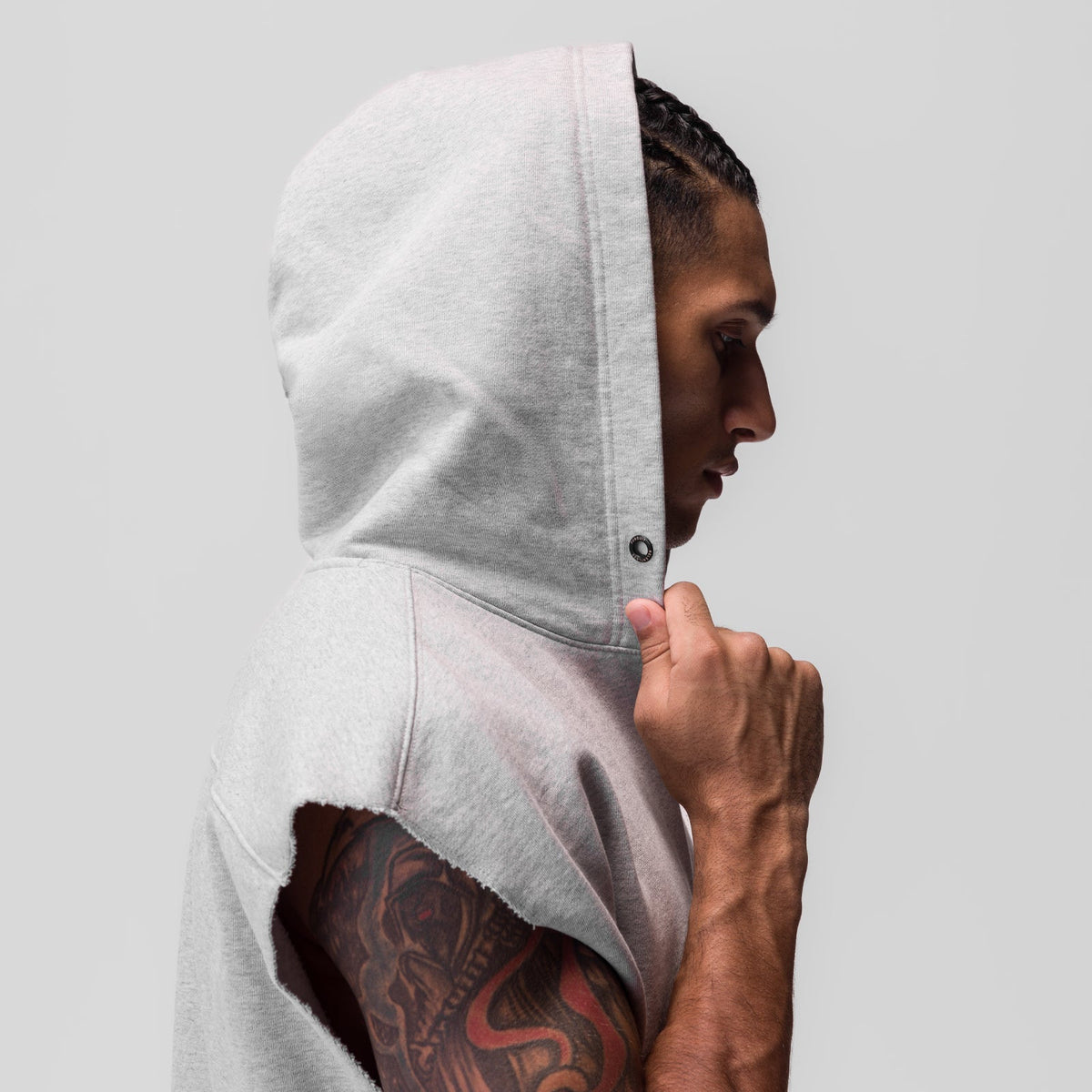 0844. Tech Essential™ Raw Hem Cutoff Hoodie - Heather Grey
