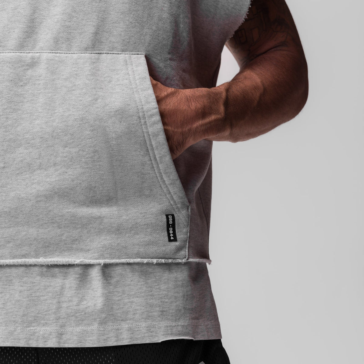 0844. Tech Essential™ Raw Hem Cutoff Hoodie - Heather Grey