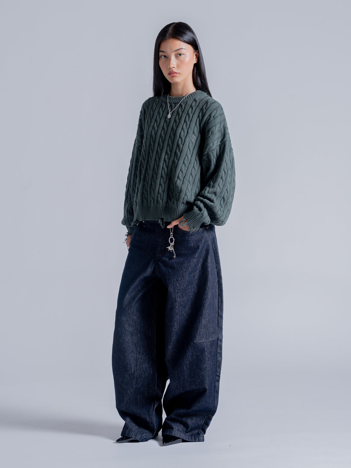 CABLE KNIT SWEATER - GREEN