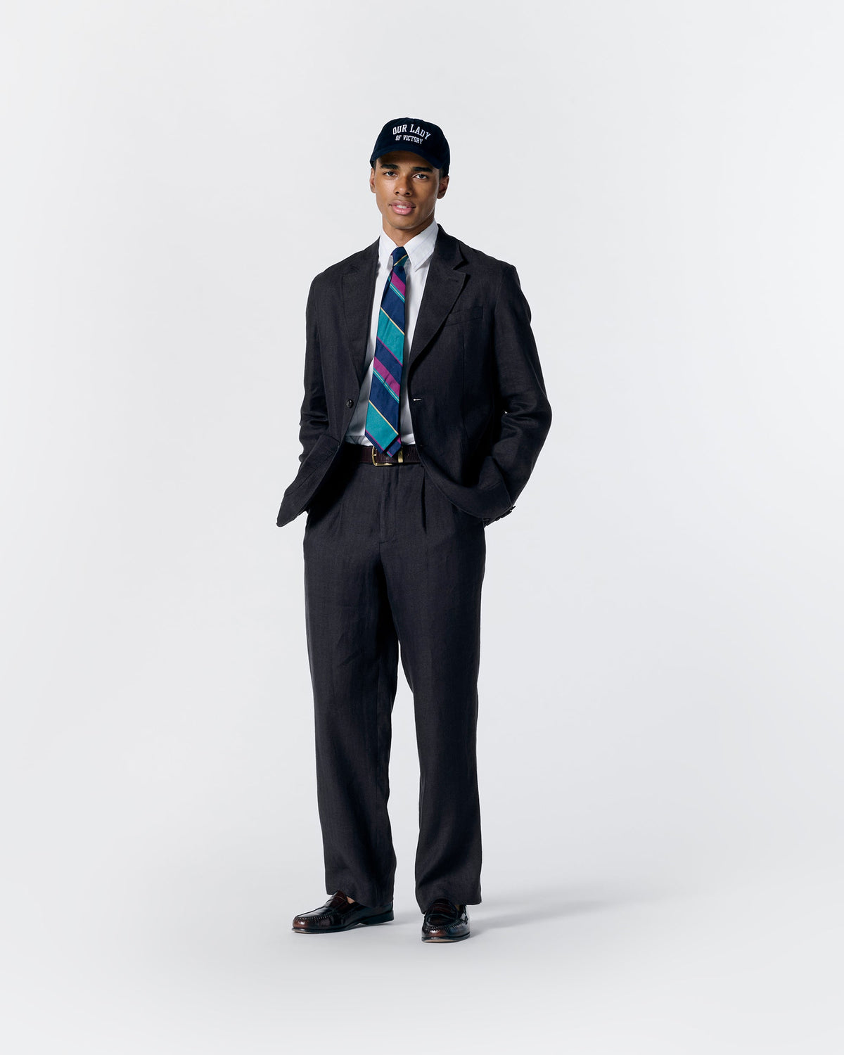 Double-Pleat Herringbone Linen Trousers