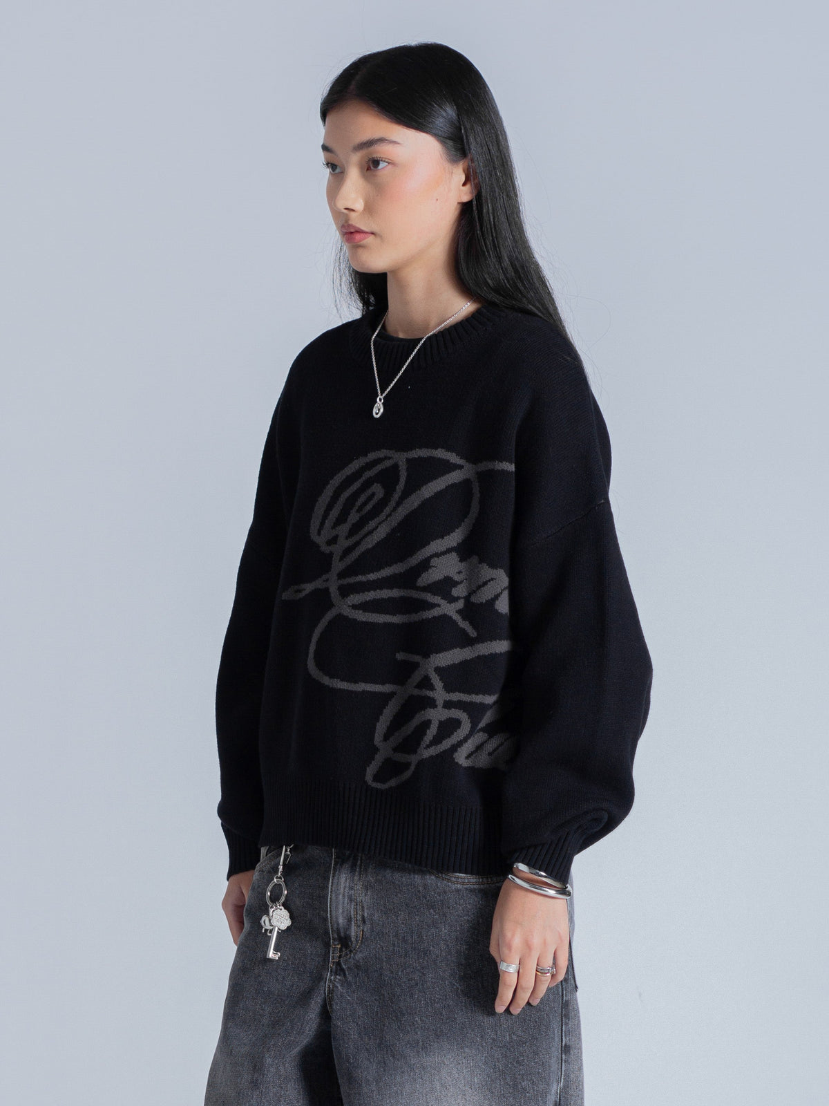 CURSIVE TEXT KNIT - BLACK