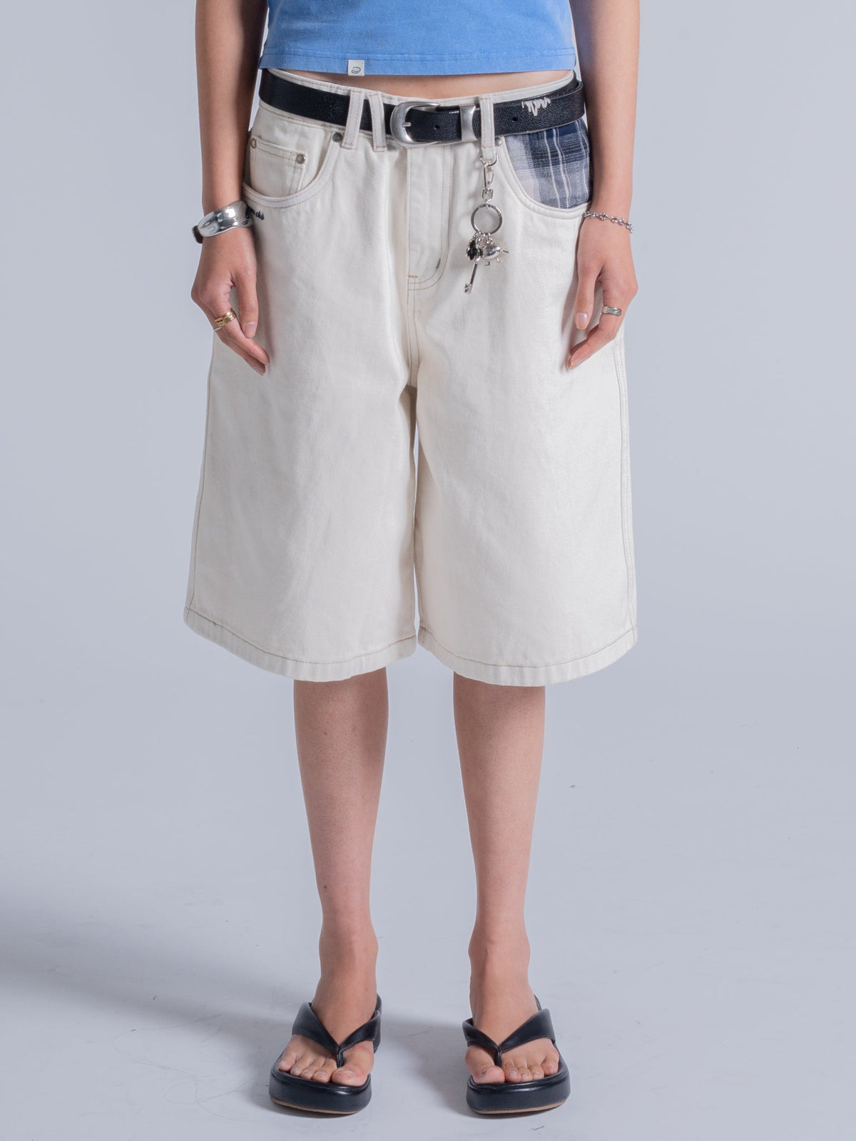 PLAID POCKET JORTS - OFF-WHITE