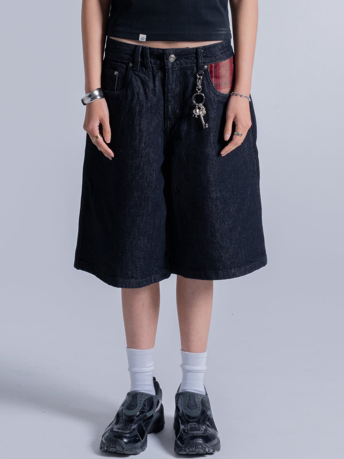 PLAID POCKET JORTS - INDIGO