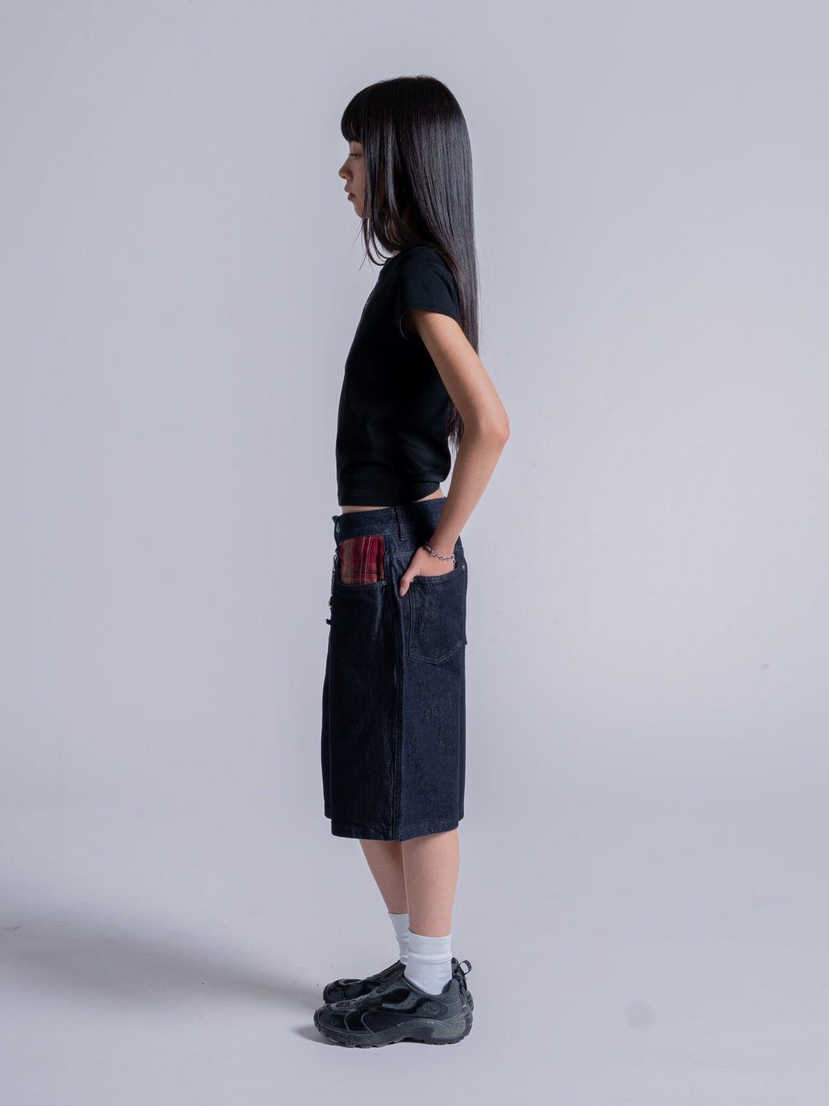 PLAID POCKET JORTS - INDIGO