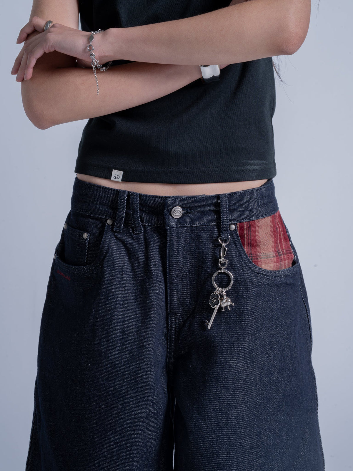 PLAID POCKET JORTS - INDIGO