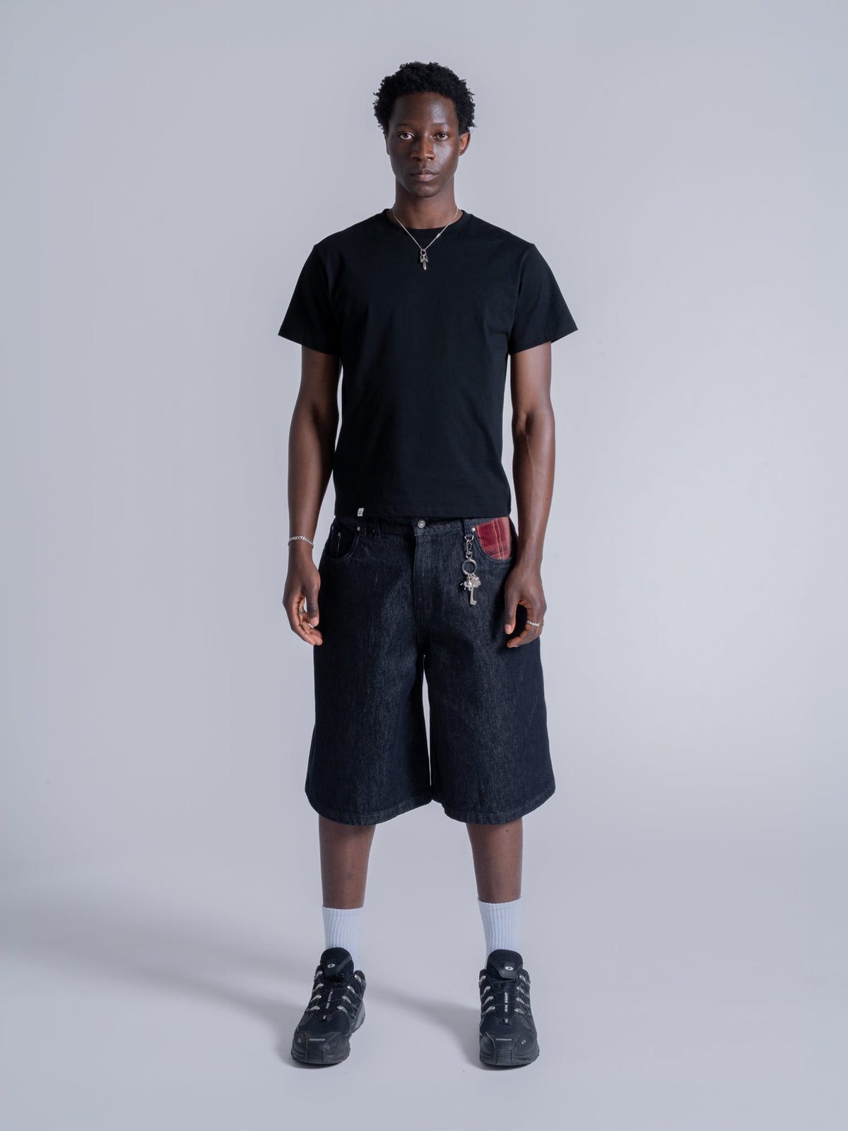 PLAID POCKET JORTS - INDIGO