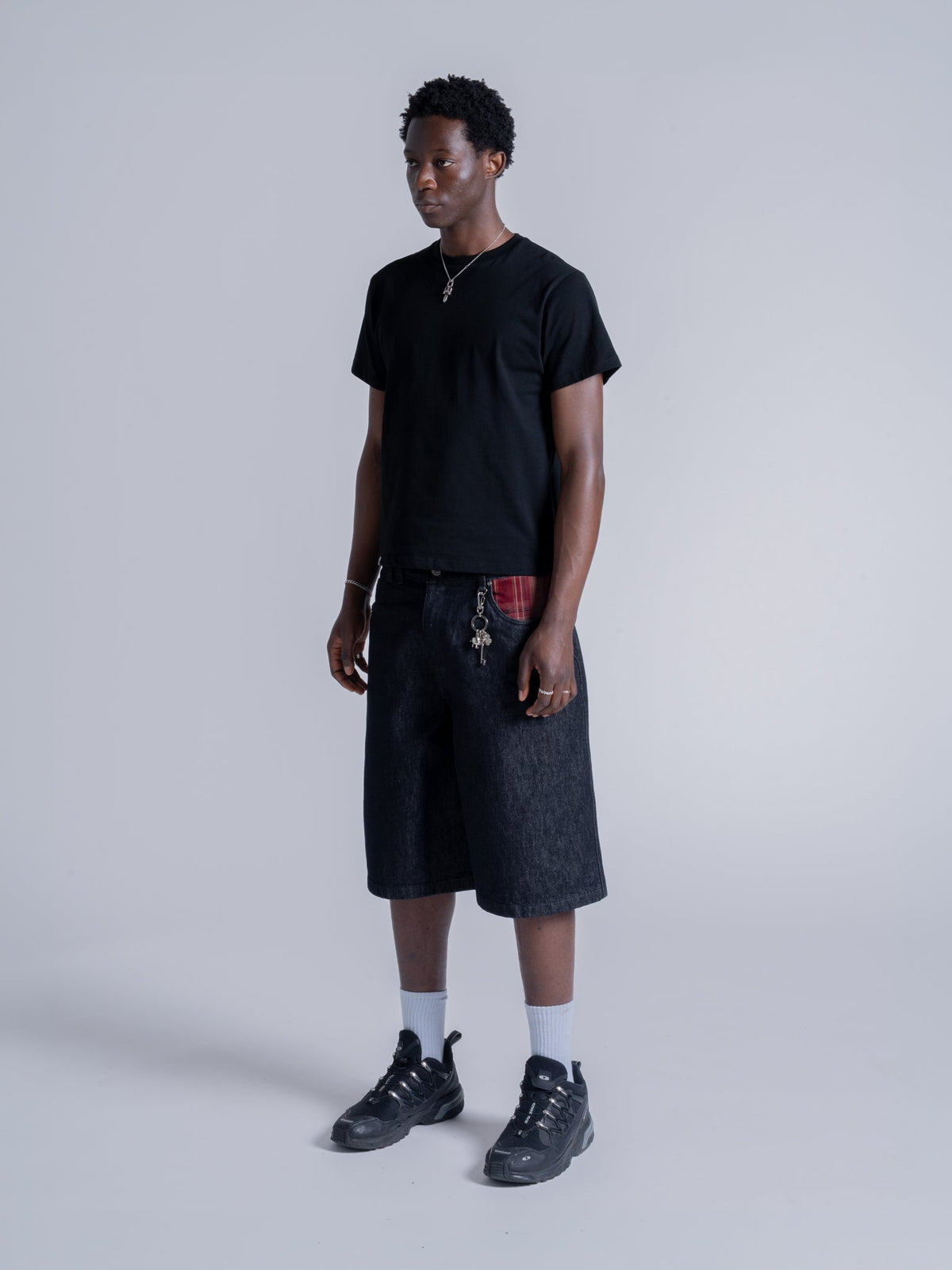 PLAID POCKET JORTS - INDIGO