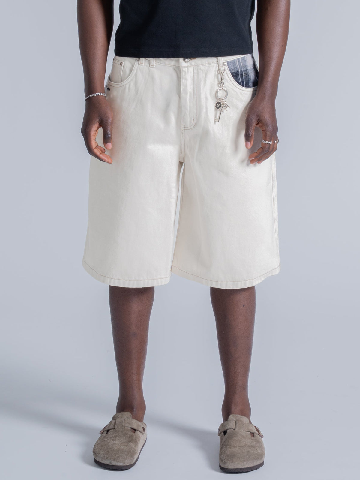 PLAID POCKET JORTS - OFF-WHITE