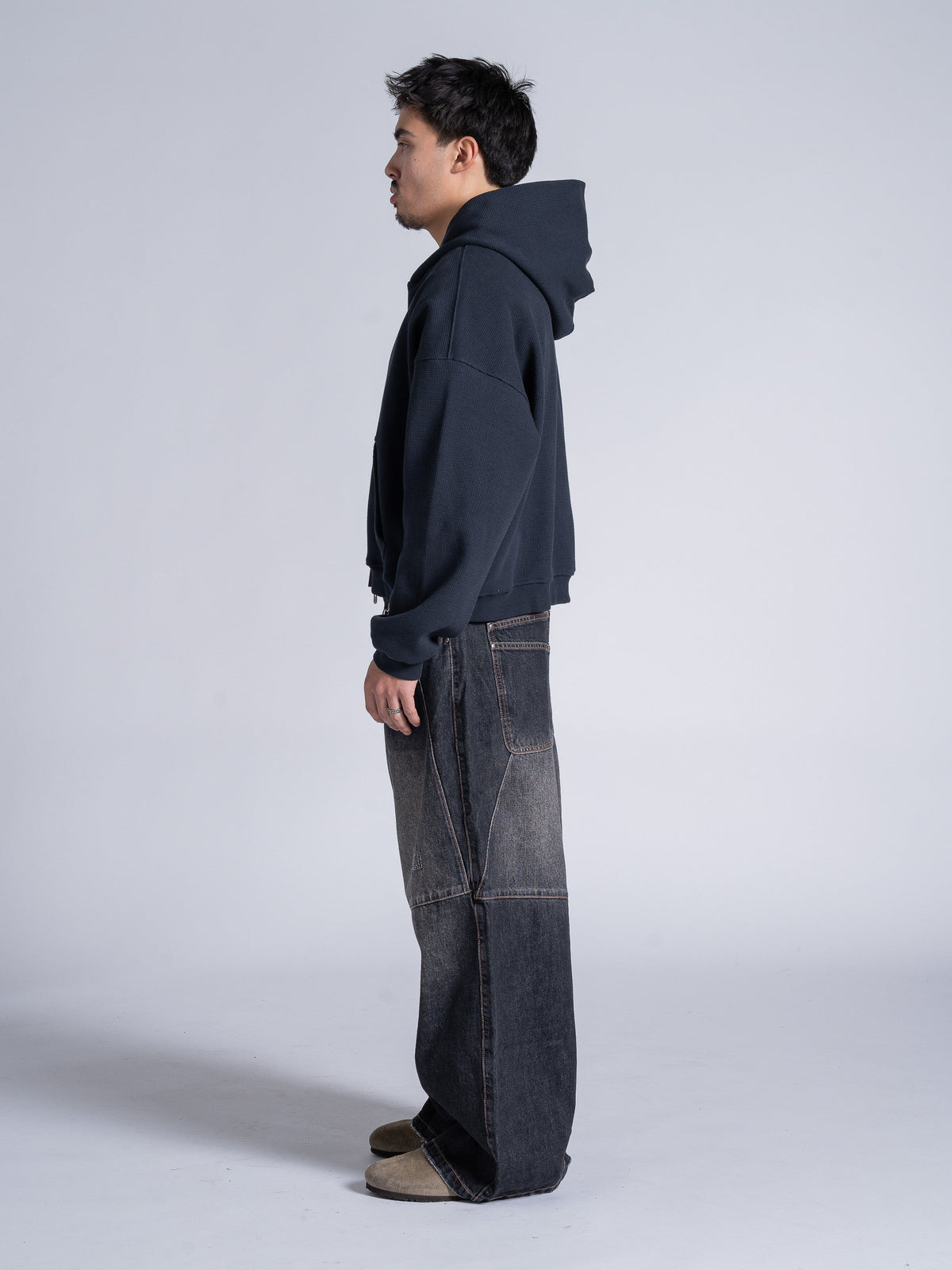 WAFFLE ZIP HOODIE - DARK NAVY