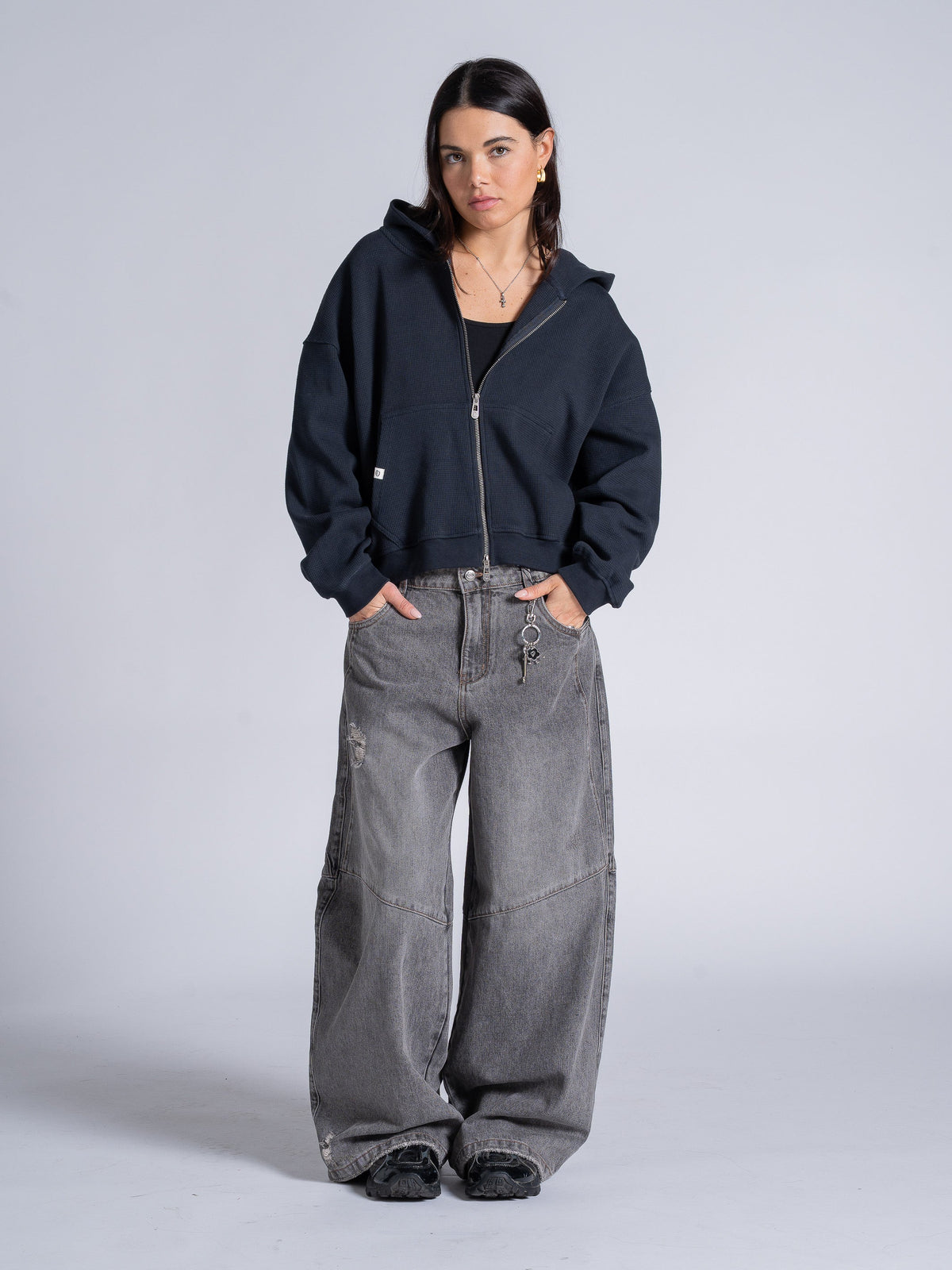 WAFFLE ZIP HOODIE - DARK NAVY