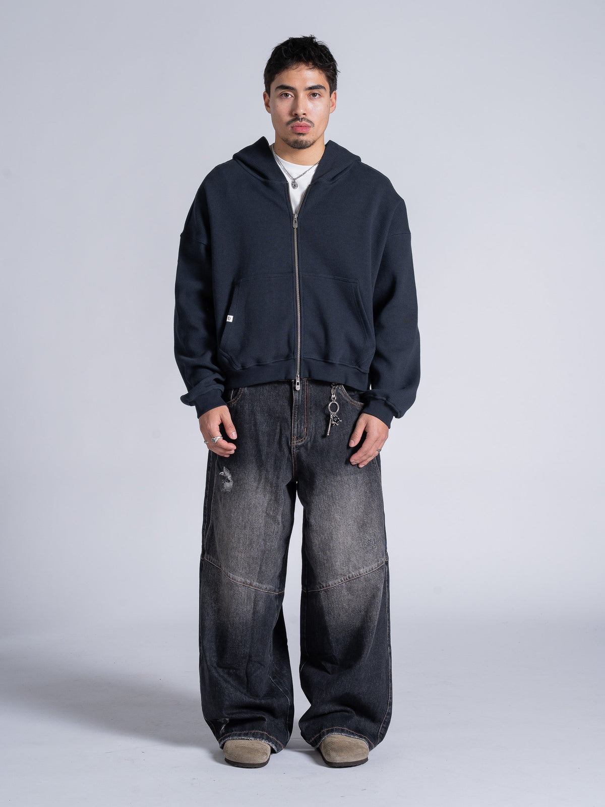 WAFFLE ZIP HOODIE - DARK NAVY