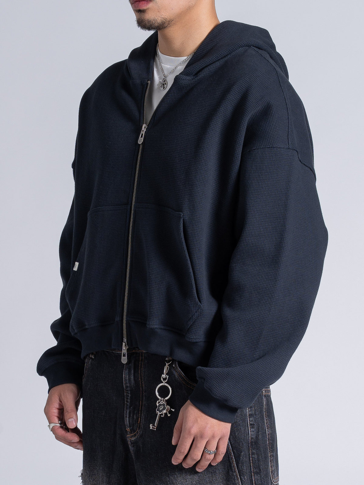 WAFFLE ZIP HOODIE - DARK NAVY