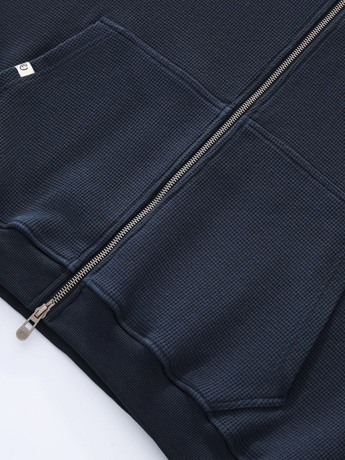 WAFFLE ZIP HOODIE - DARK NAVY