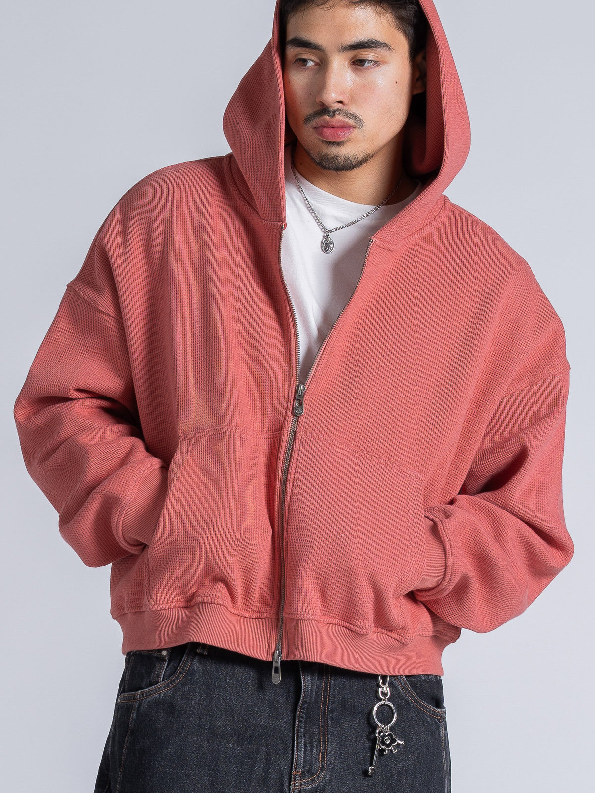 WAFFLE ZIP HOODIE - SALMON