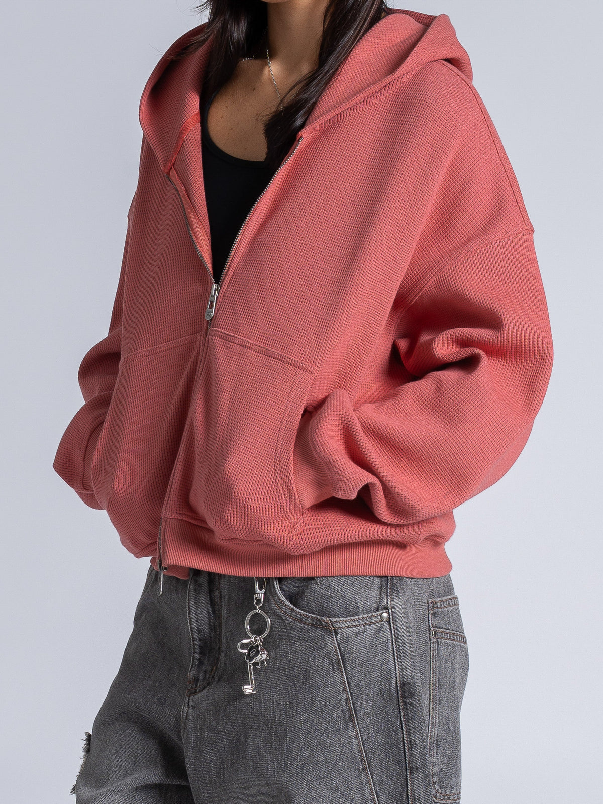 WAFFLE ZIP HOODIE - SALMON