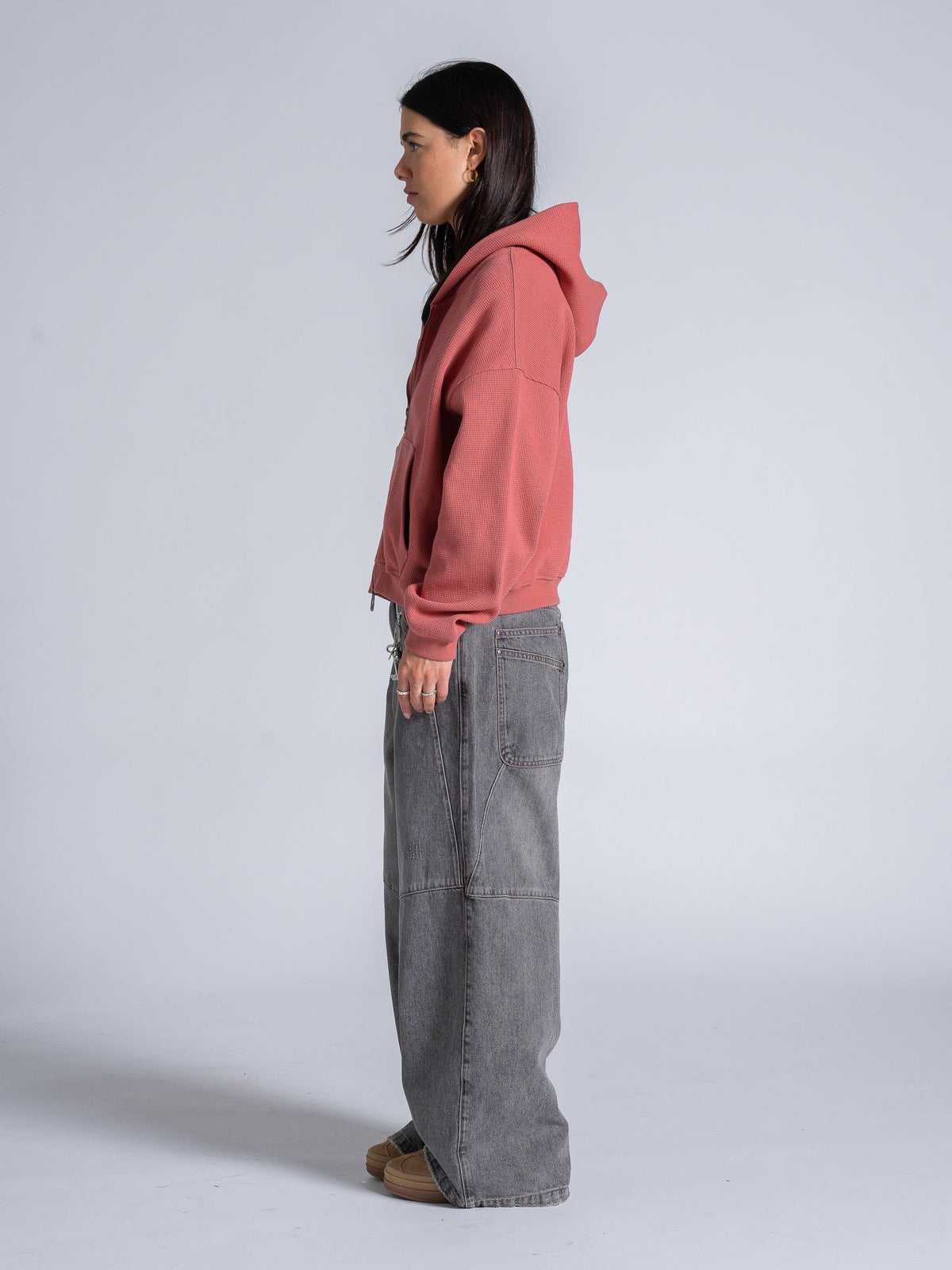 WAFFLE ZIP HOODIE - SALMON