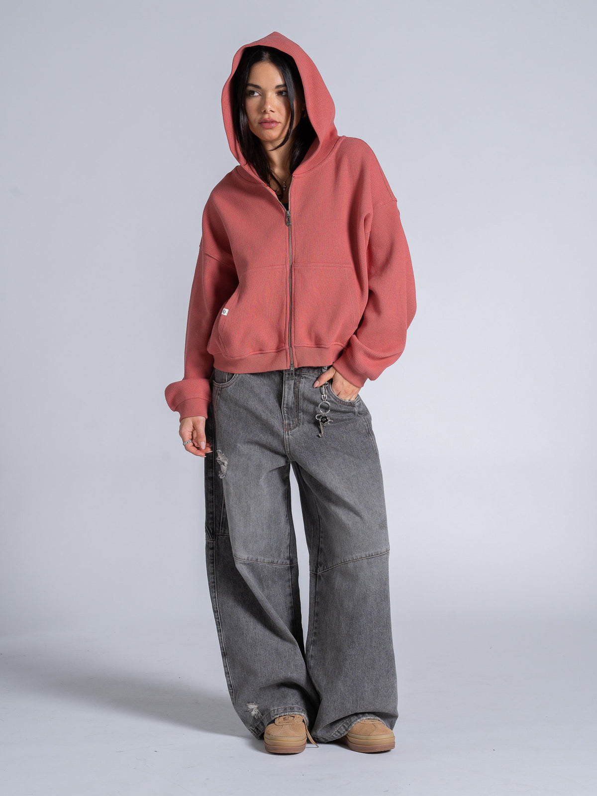 WAFFLE ZIP HOODIE - SALMON