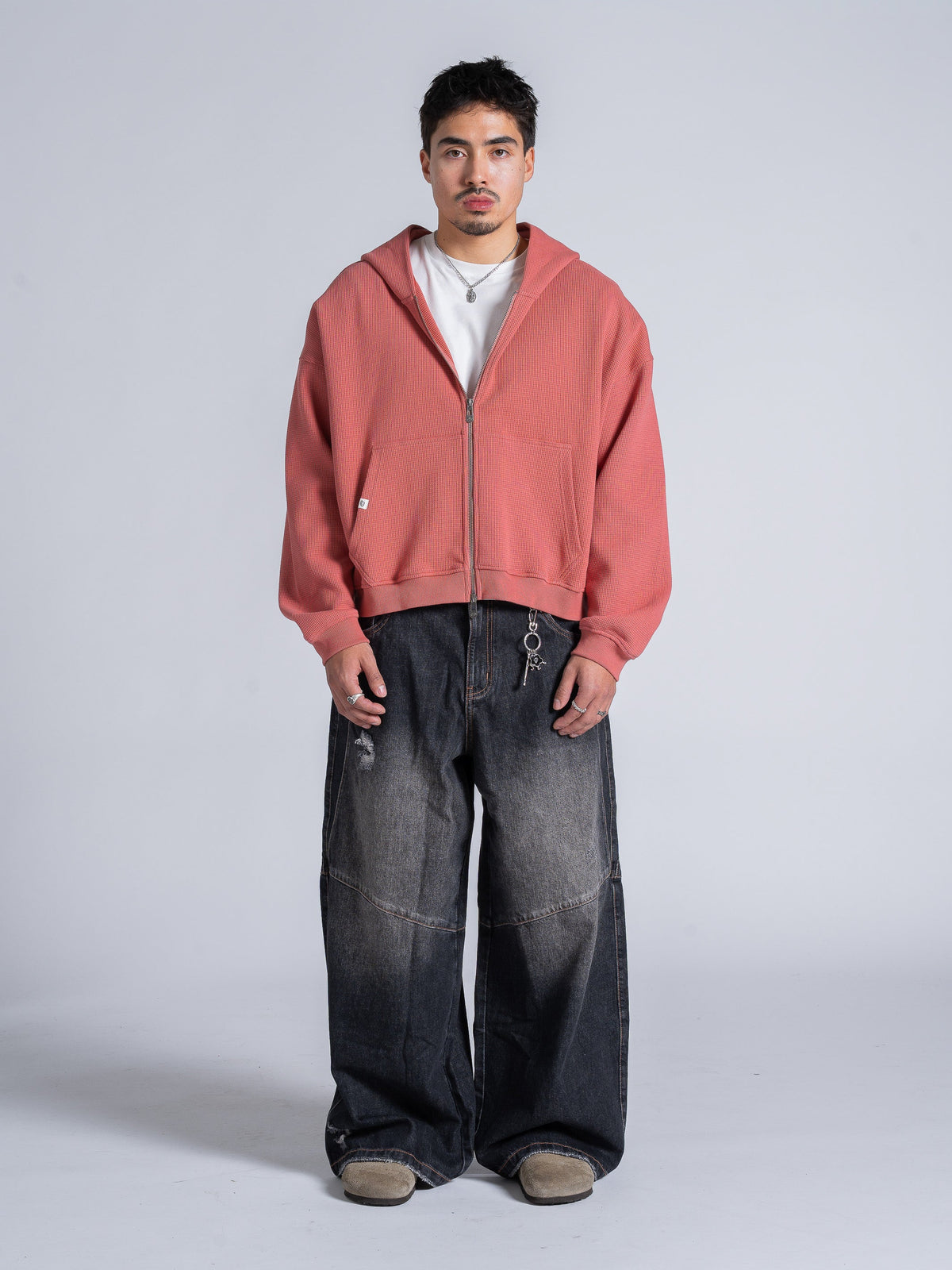 WAFFLE ZIP HOODIE - SALMON