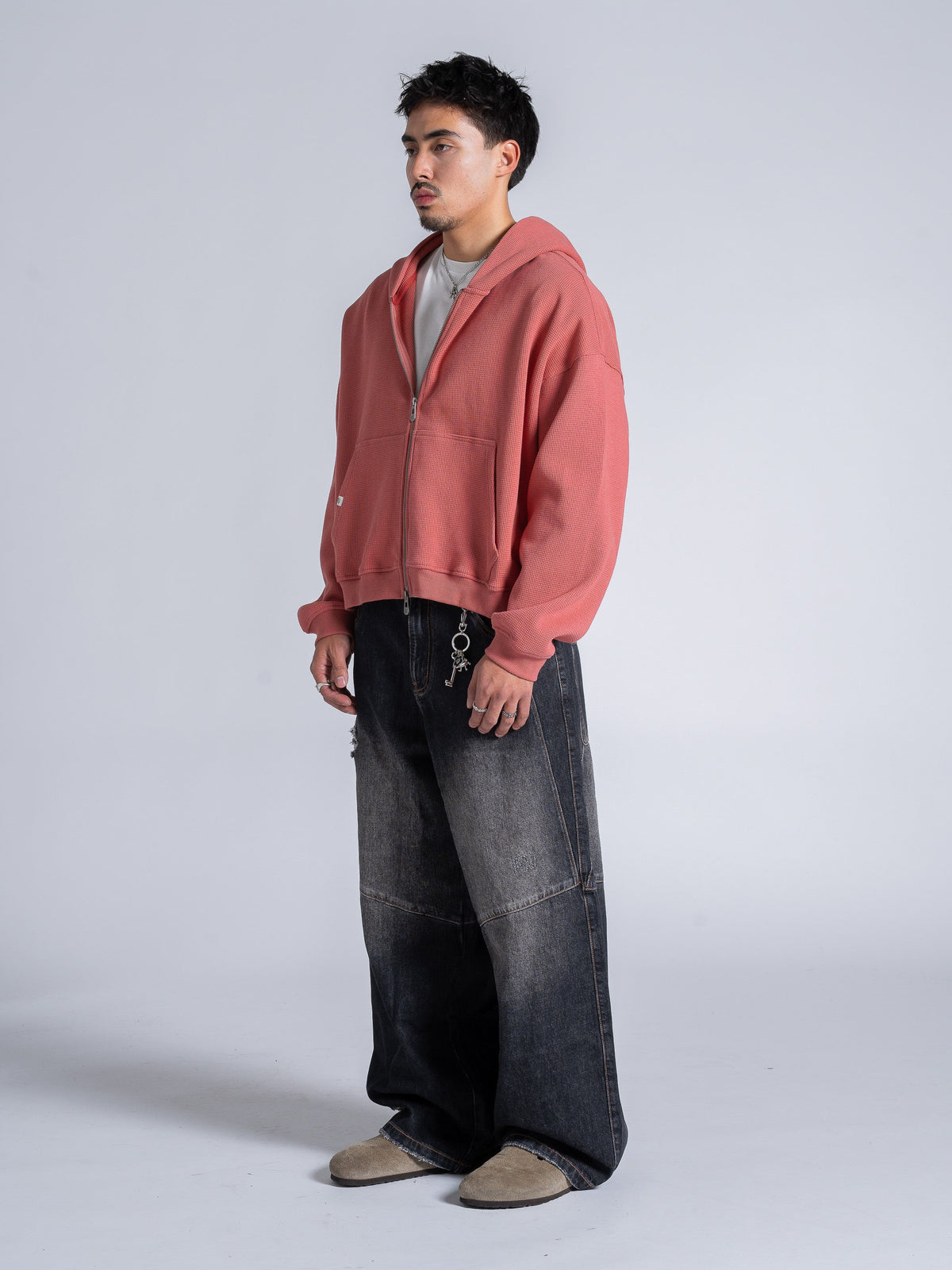 WAFFLE ZIP HOODIE - SALMON