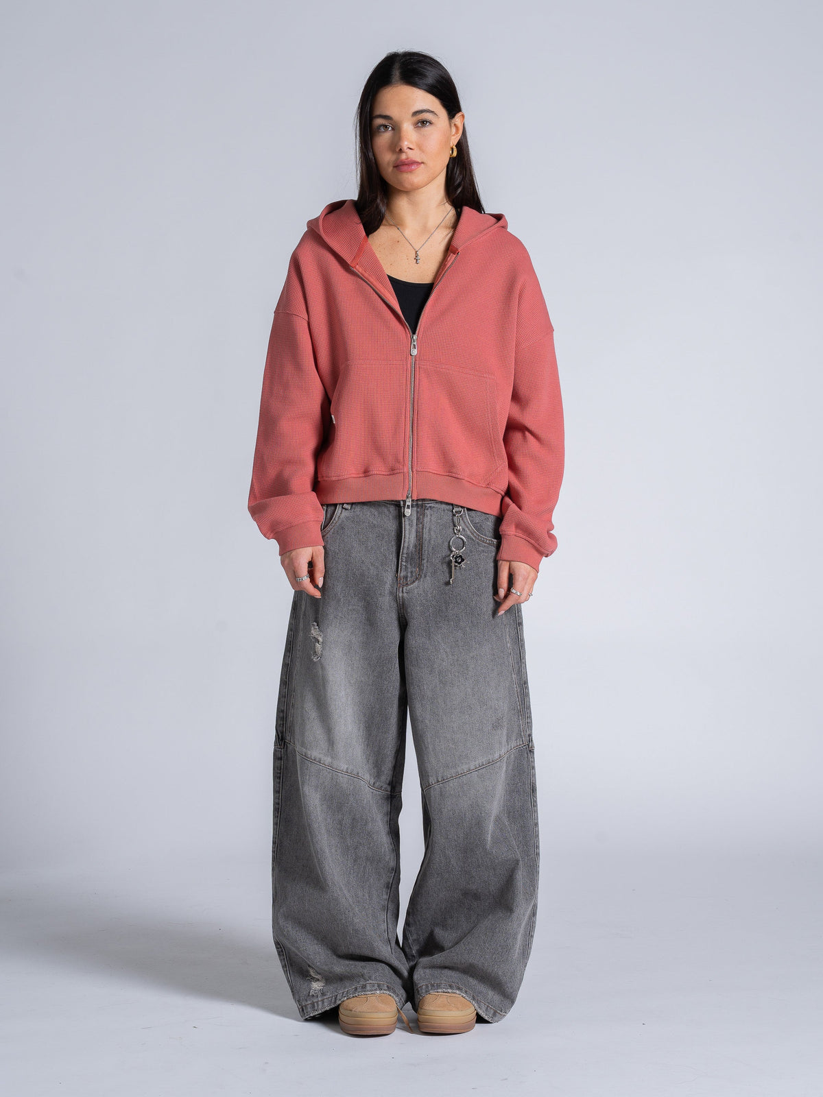 WAFFLE ZIP HOODIE - SALMON