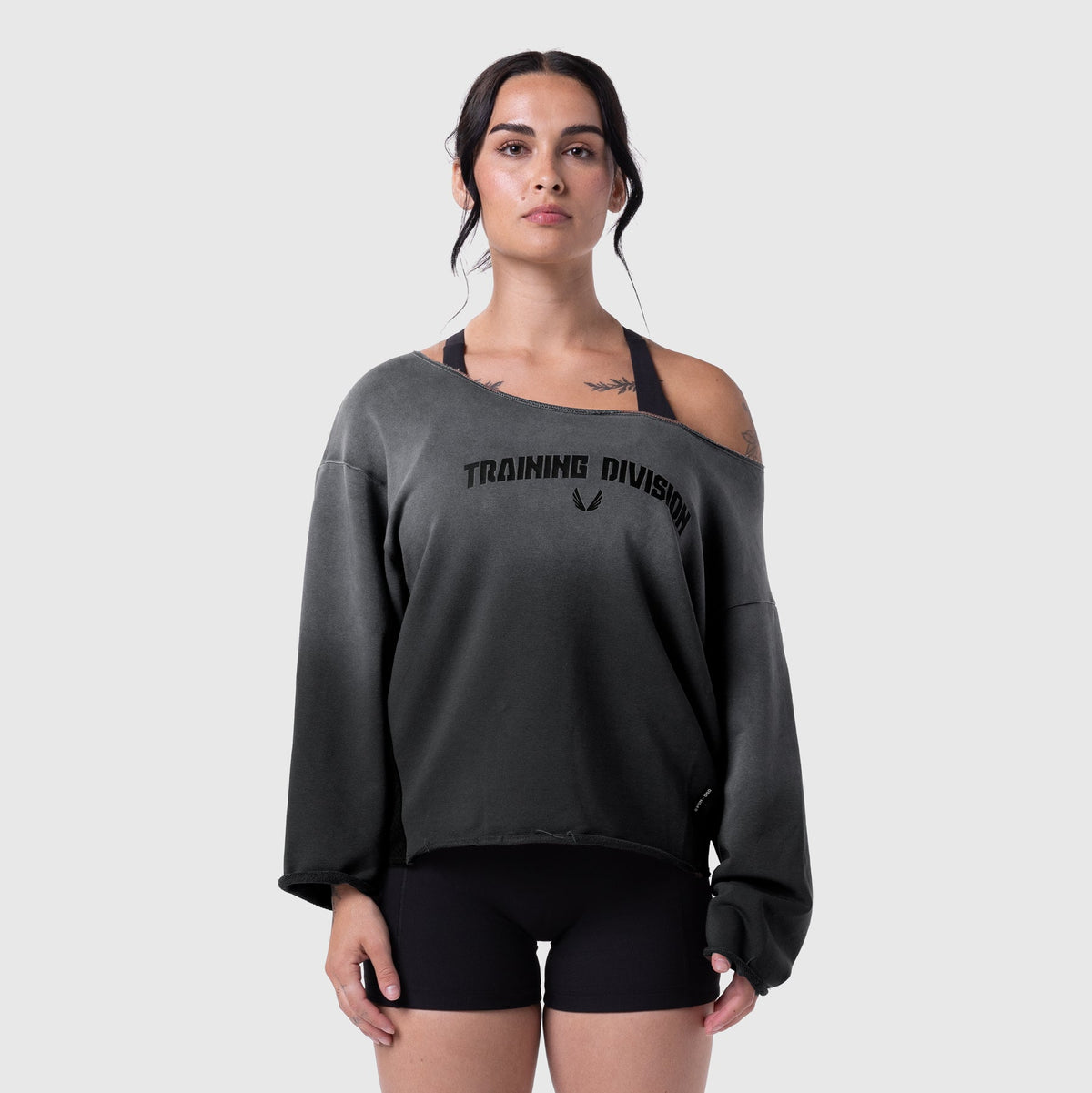 W049. Raw Hem Oversized Crewneck - Black Sun Fade