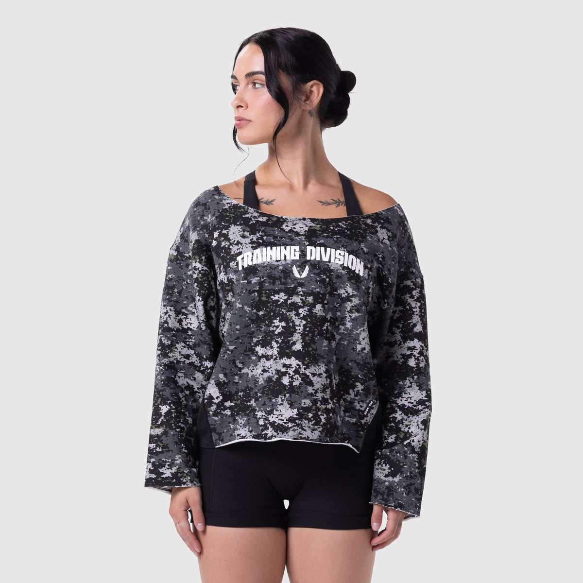 W049. Raw Hem Oversized Crewneck - Pixel Camo