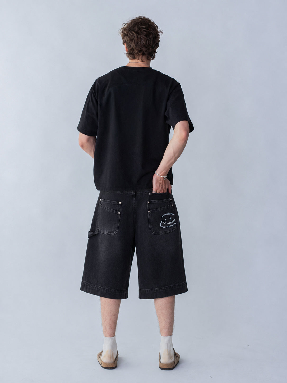 SMILEY STITCH JORTS - WASHED BLACK
